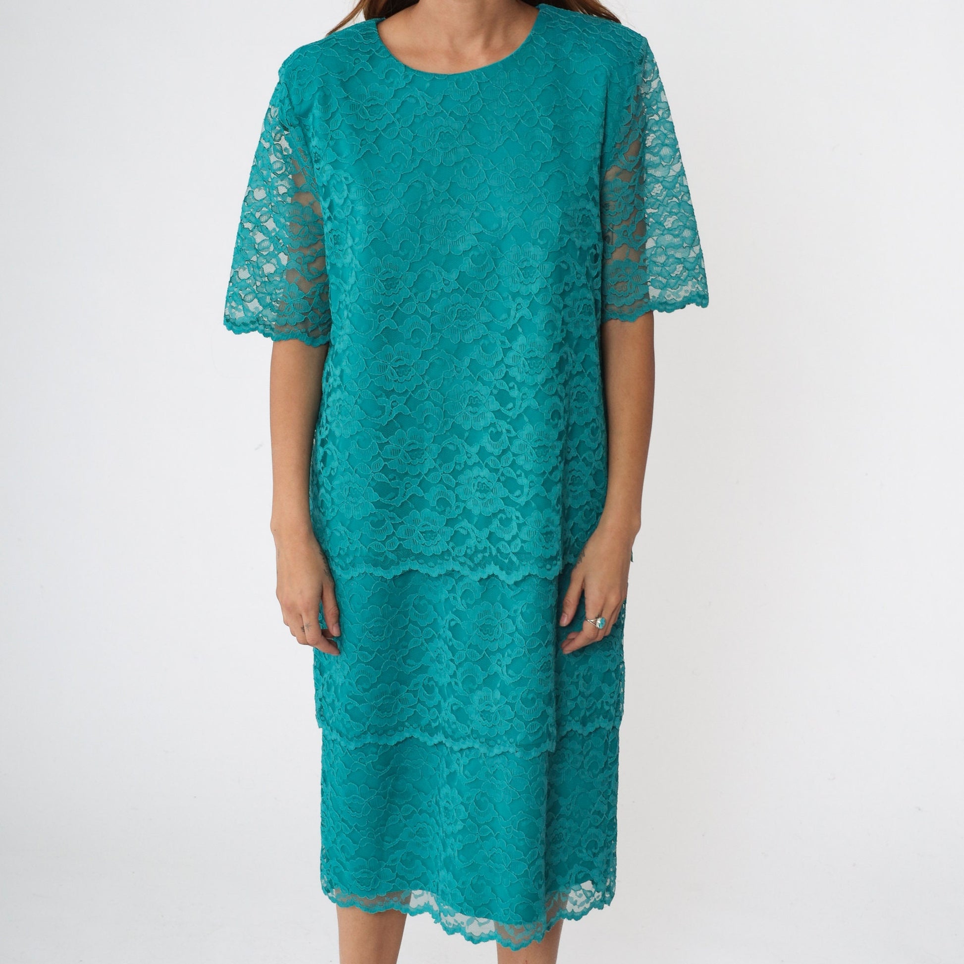 90s Teal Lace Midi Dress Short Sleeve Shift Sheath Green Vintage Medium