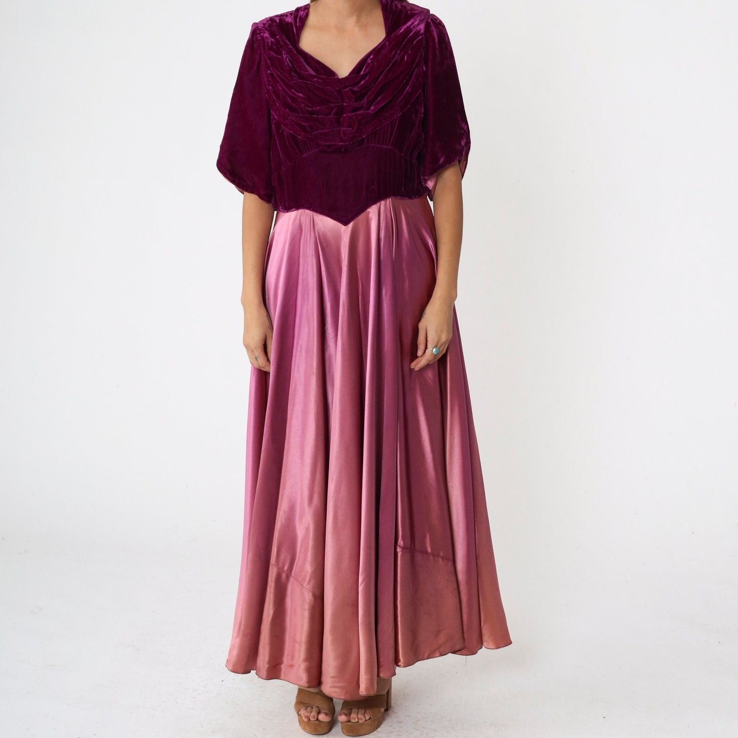 70s Purple Velvet Satin Maxi Dress Basque Waist Short Sleeve Large