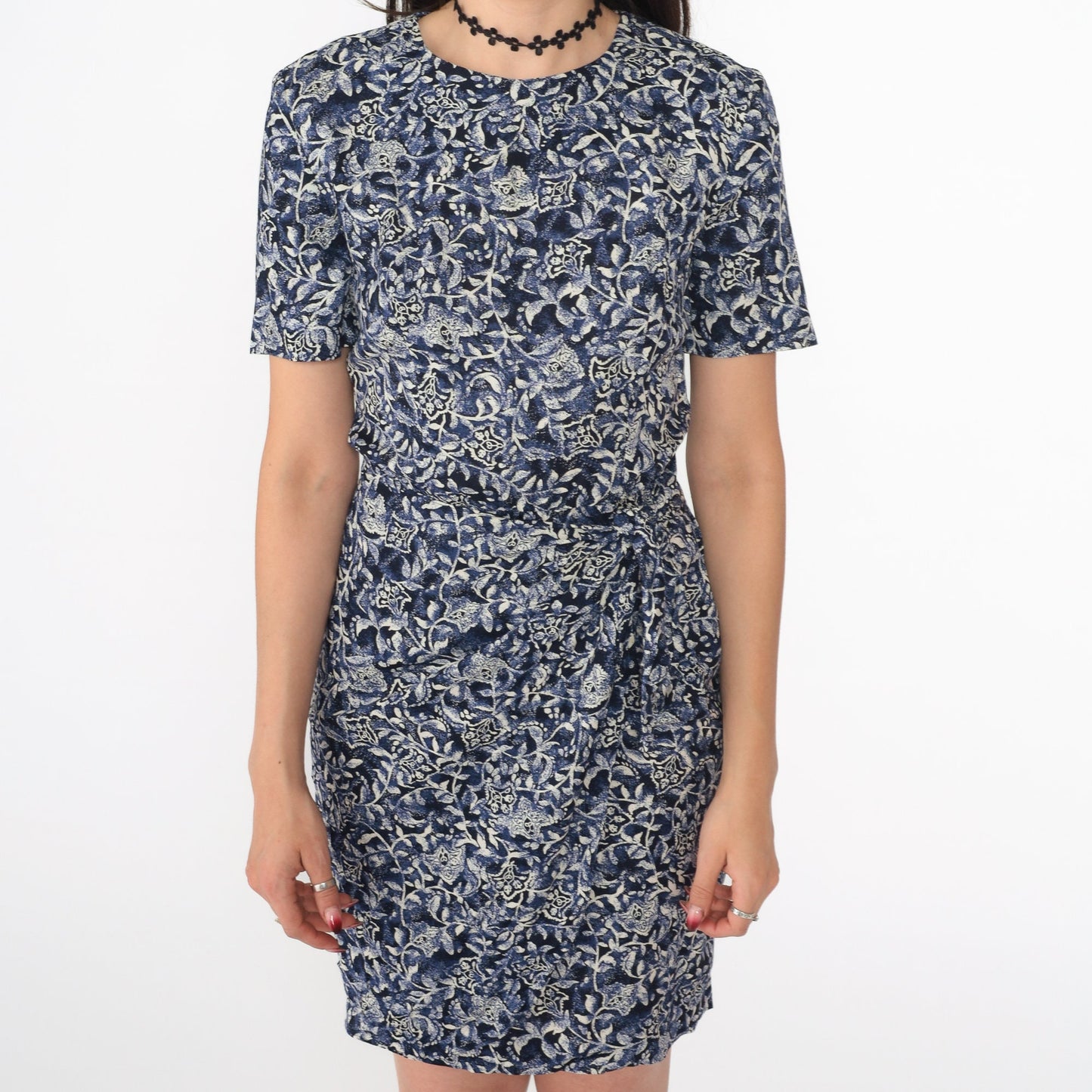90s Floral Rayon Mini Dress Blue Wrap Tie Skirt Short Sleeve Small 4