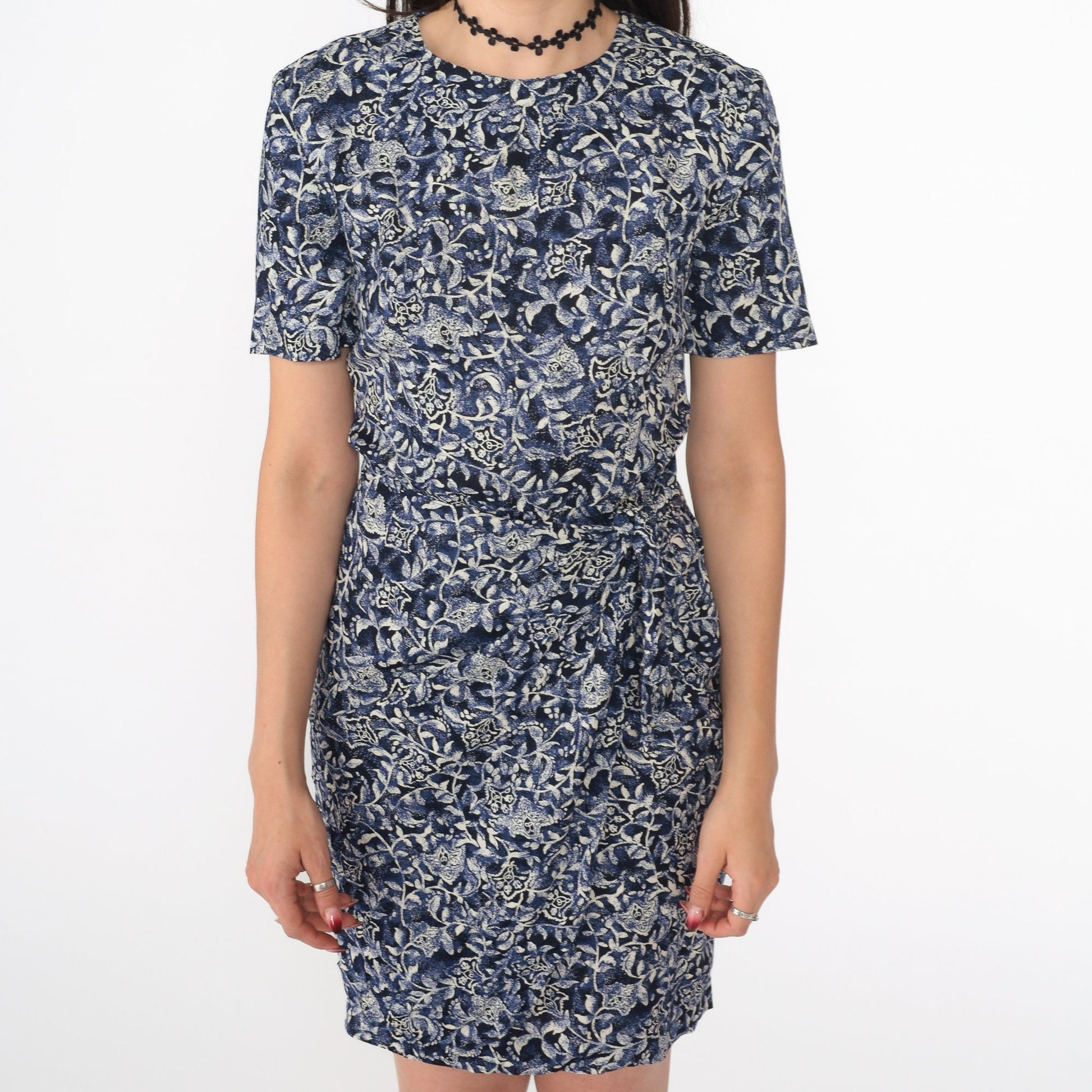 90s Floral Rayon Mini Dress Blue Wrap Tie Skirt Short Sleeve Small 4