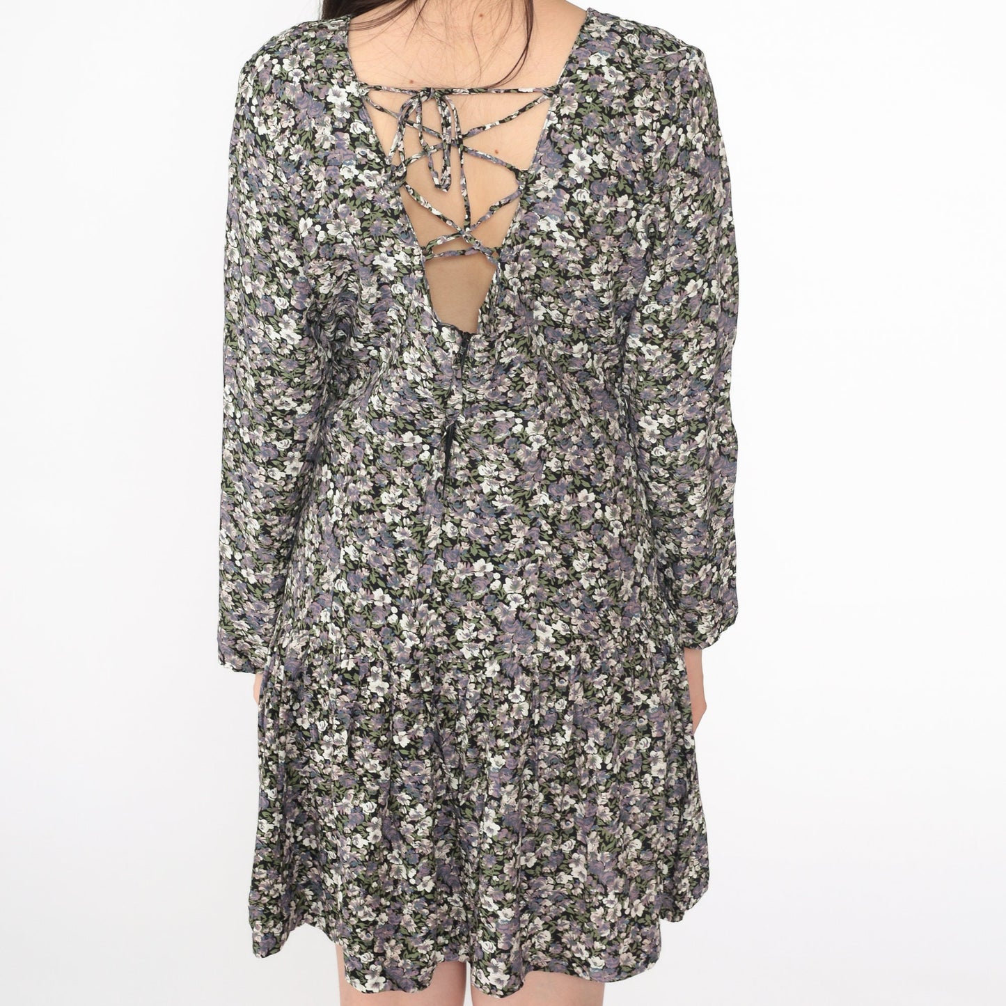 90s Floral Mini Dress Lace-Up V Back Drop Waist Long Sleeve Medium