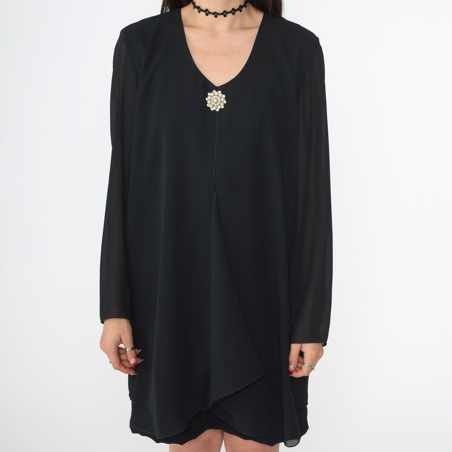 90s Black Chiffon Mini Shift Dress Long Sleeve Pearl Brooch Medium