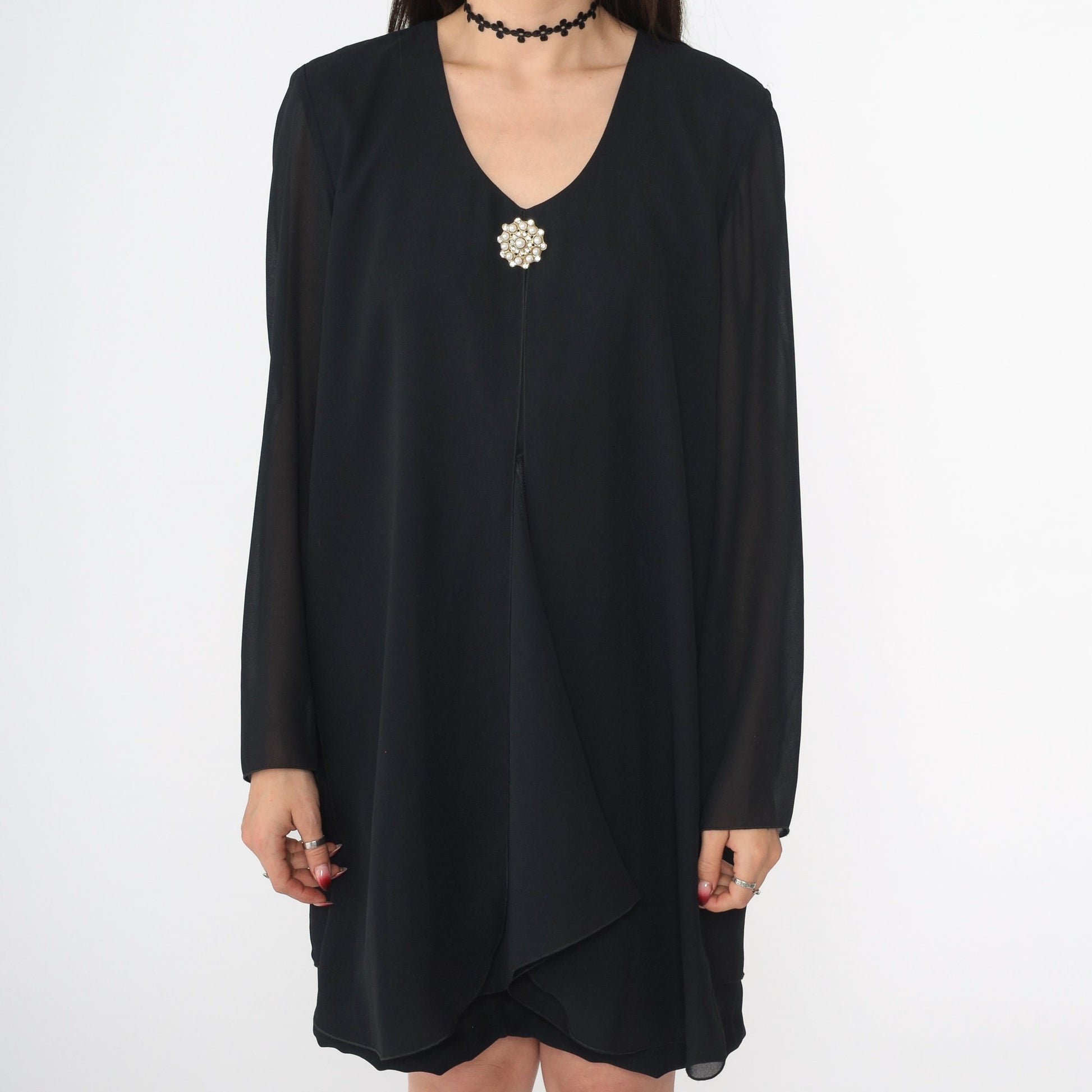 90s Black Chiffon Mini Shift Dress Long Sleeve Pearl Brooch Medium
