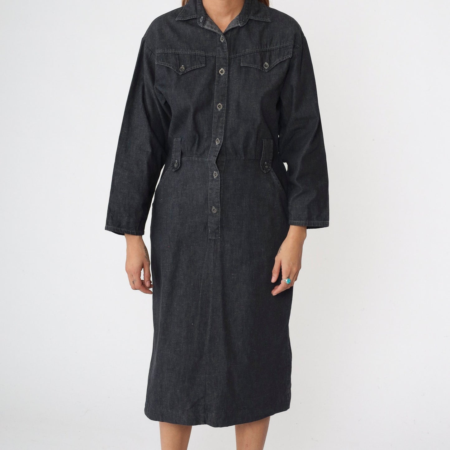 90s Panhandle Slim Black Denim Shirtdress High Waist Midi Button Up Medium