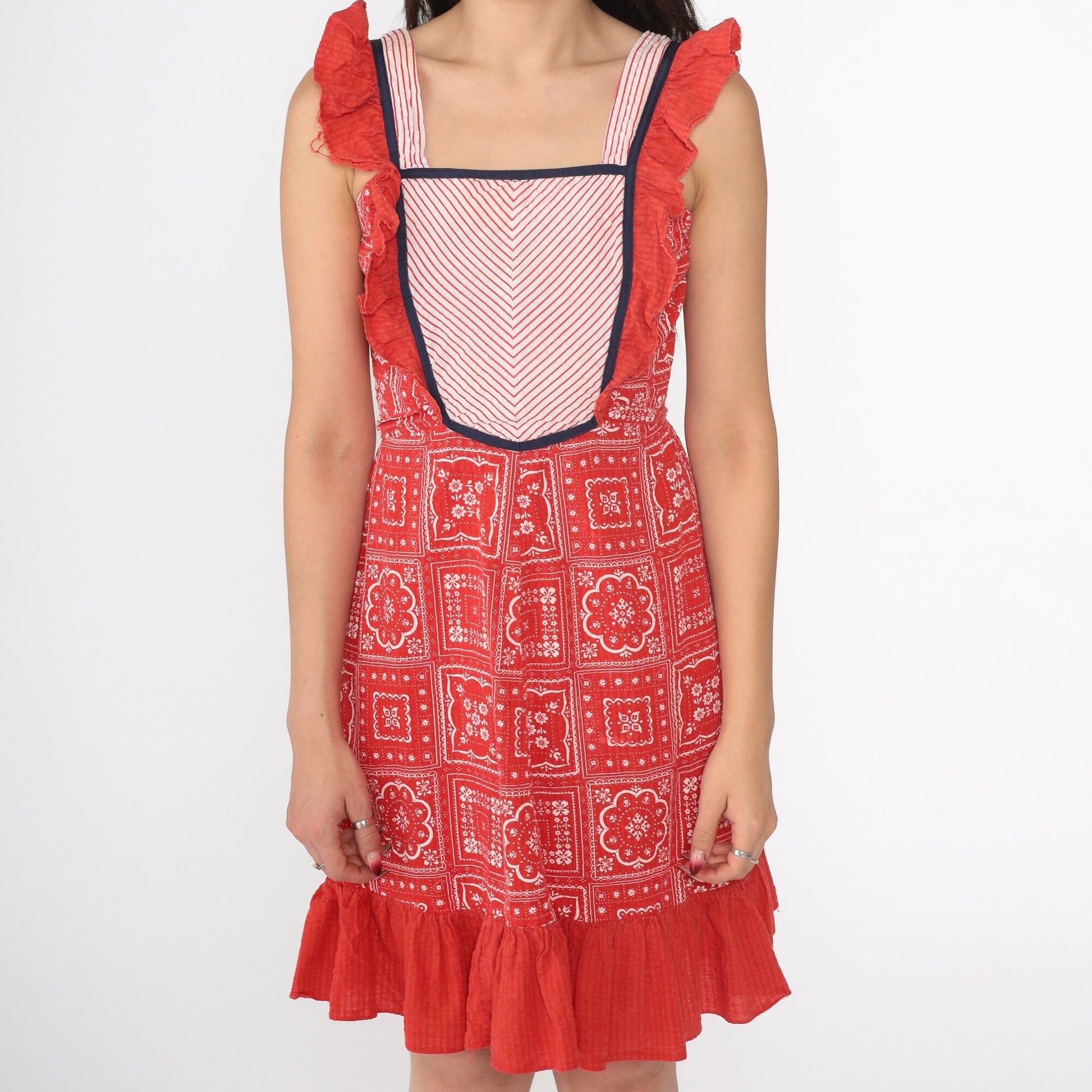 70s Red Bandana Print Mini Sundress Chevron Bib Tie-Back Sleeveless 2XS