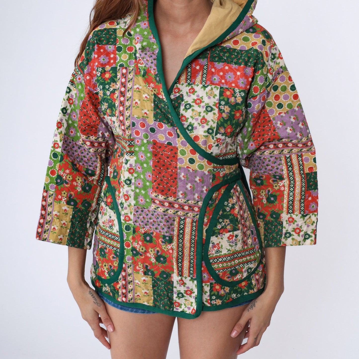70s Patchwork Floral Quilted Hooded Jacket Green Wrap Toggle Small