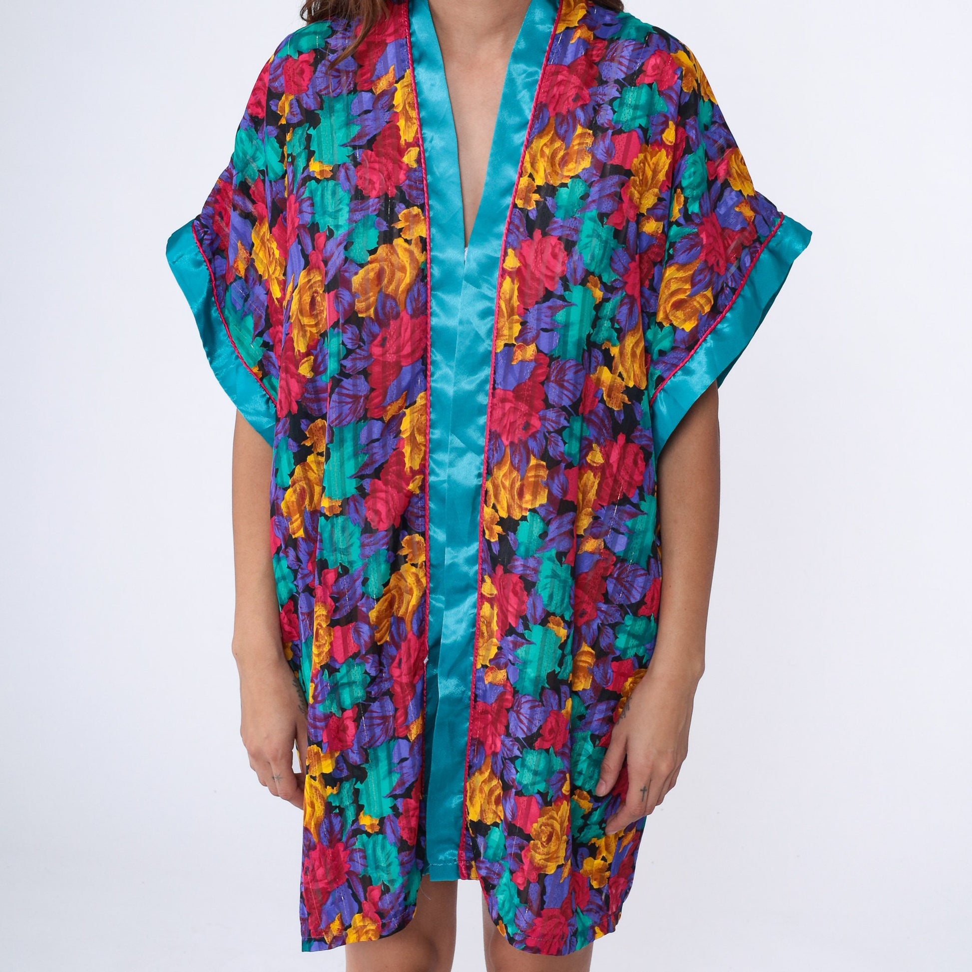 00s Floral Metallic Satin Kimono Robe Mini Open Front Medium M