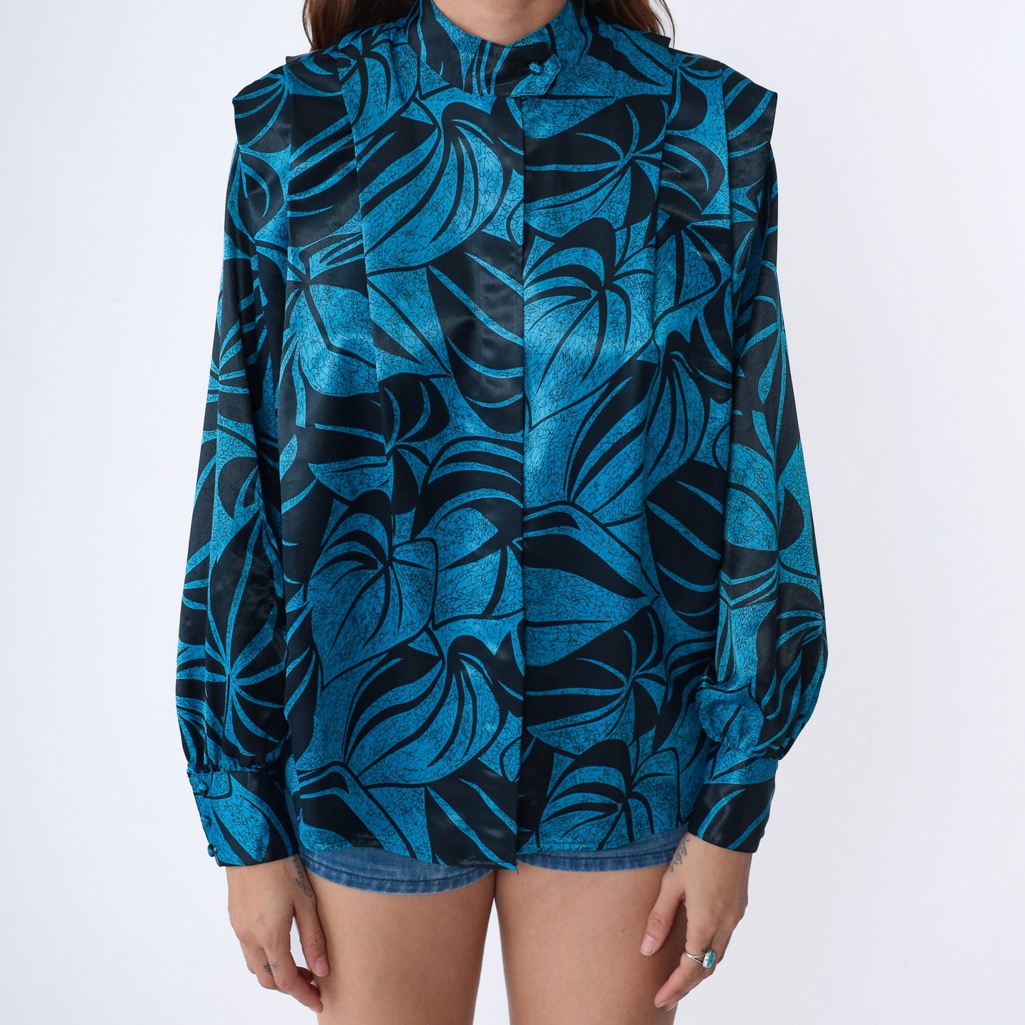 80s Leaf Print Blouse Black Blue Mock Neck Pleated Balloon Sleeve Large