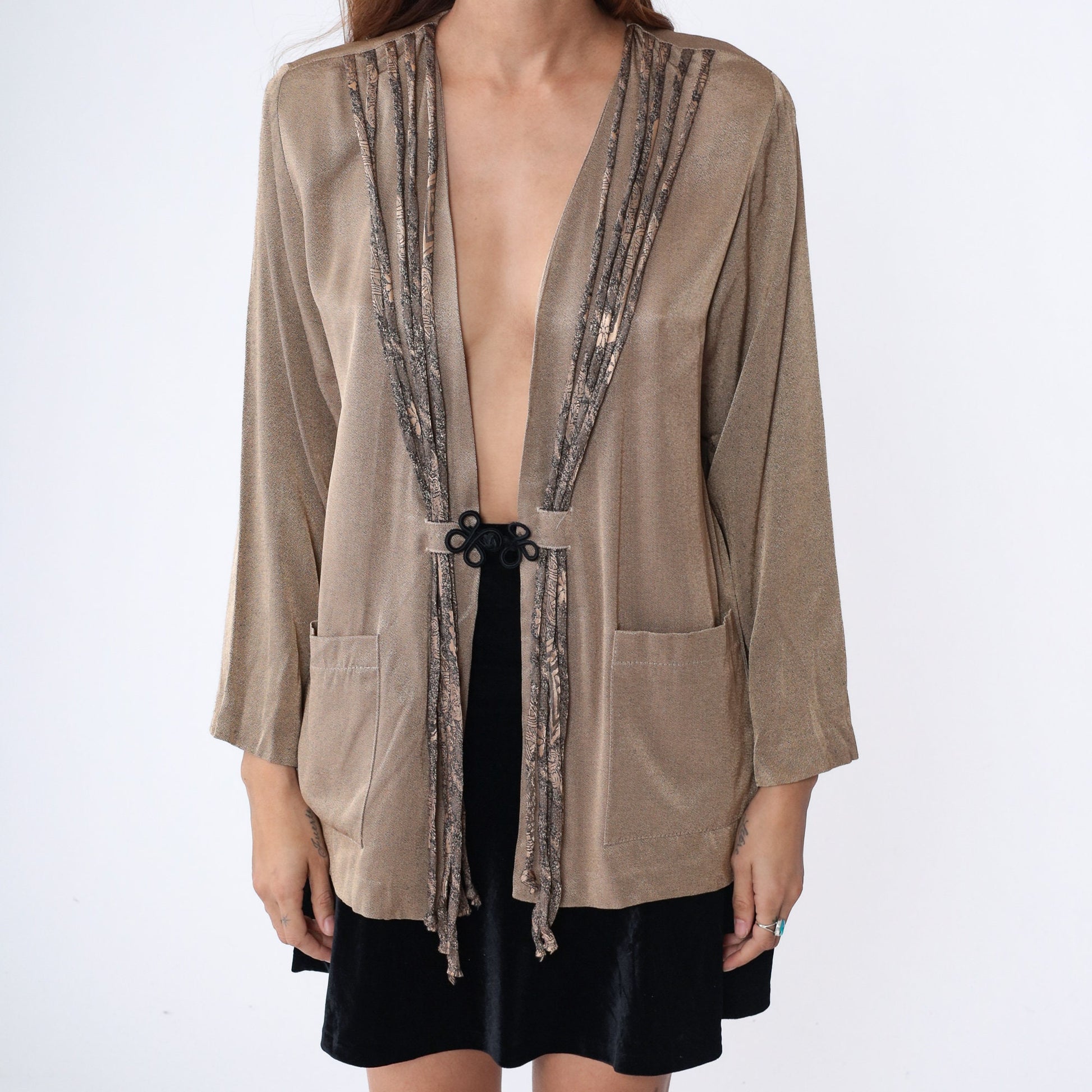 90s Metallic Bronze Snakeskin Fringe Jacket Frog Button Medium