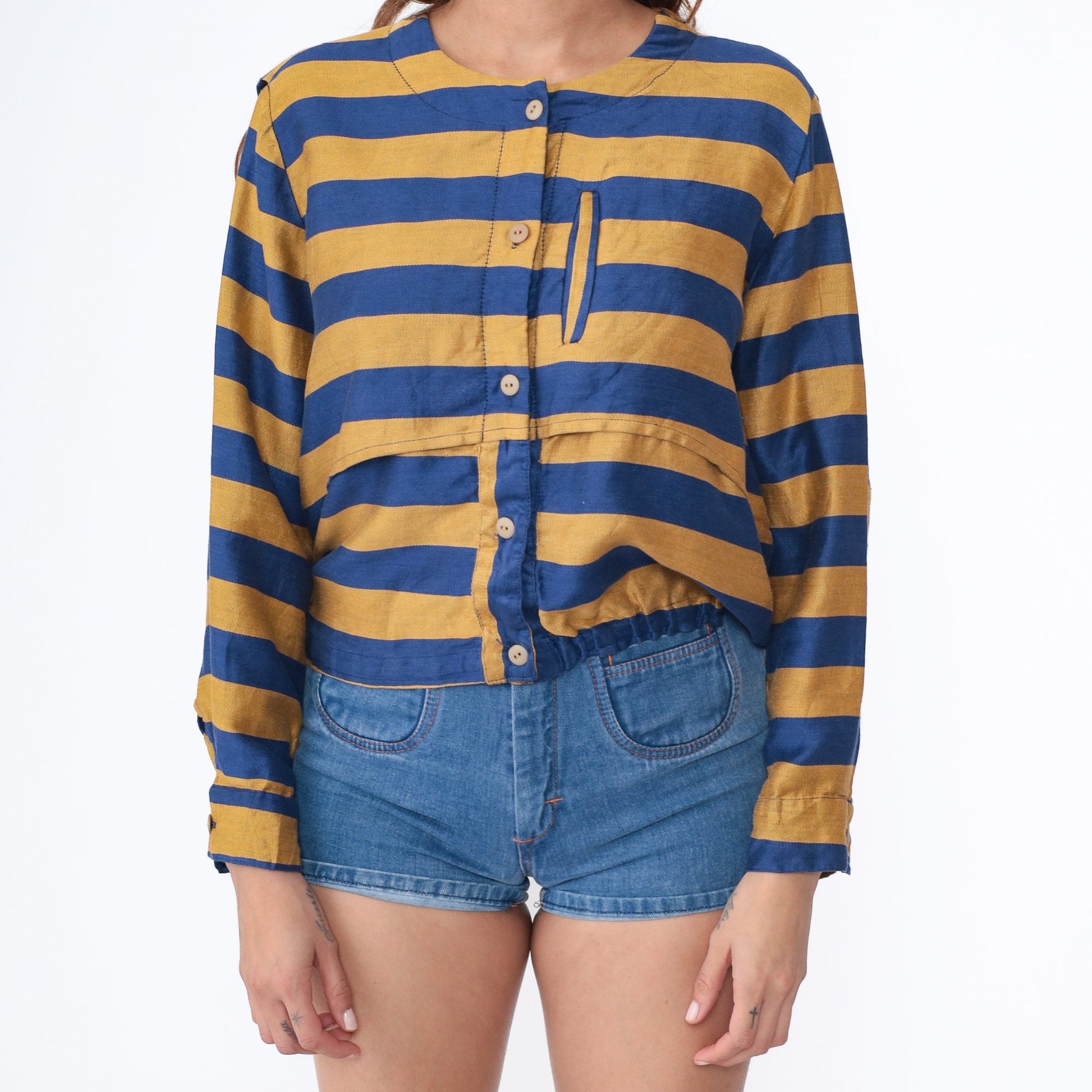 80s Striped Linen Cotton Blouse Blue Mustard Button Up Long Sleeve Large