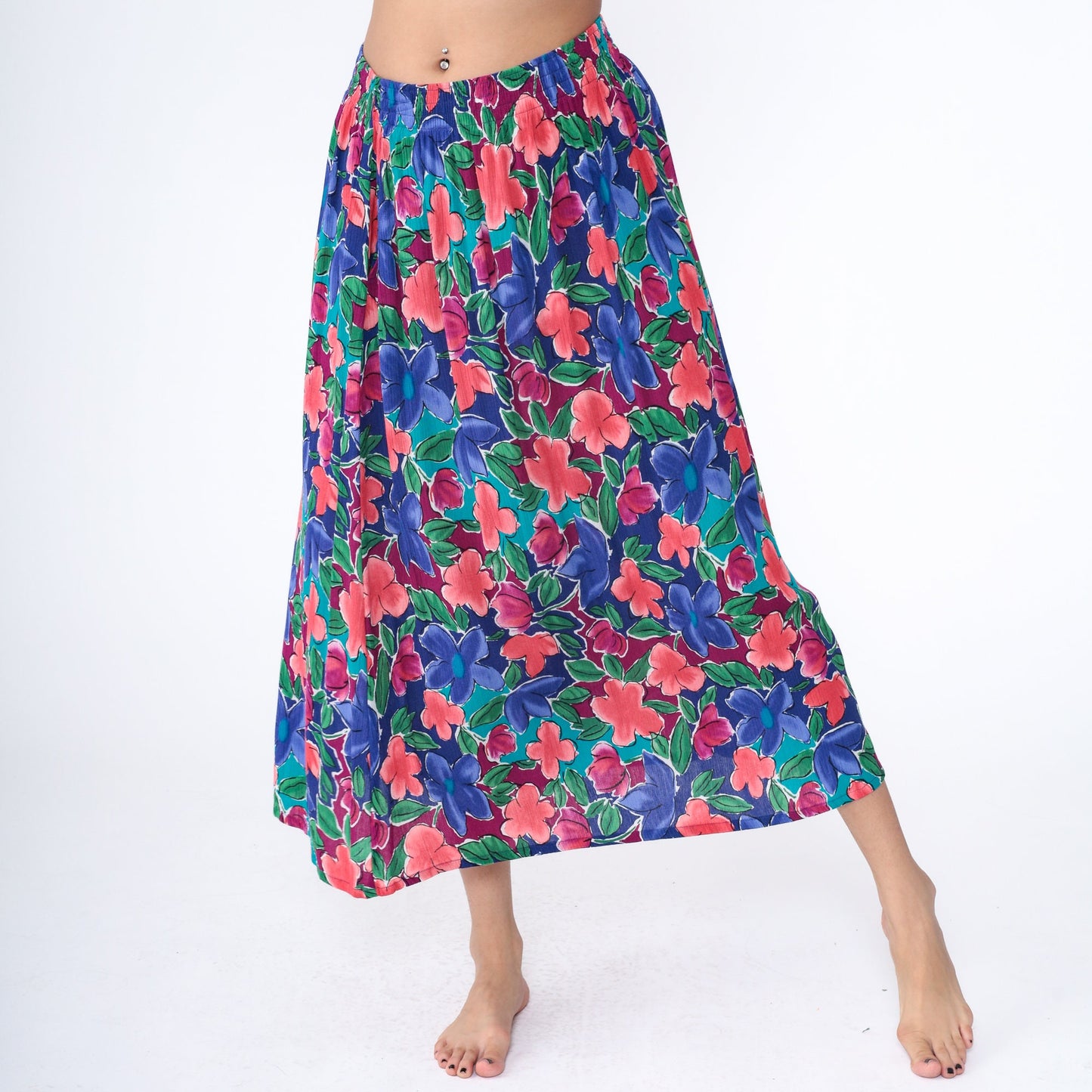 80s The Villager Floral Maxi Skirt Rayon High Waist Ankle Length Blue Medium