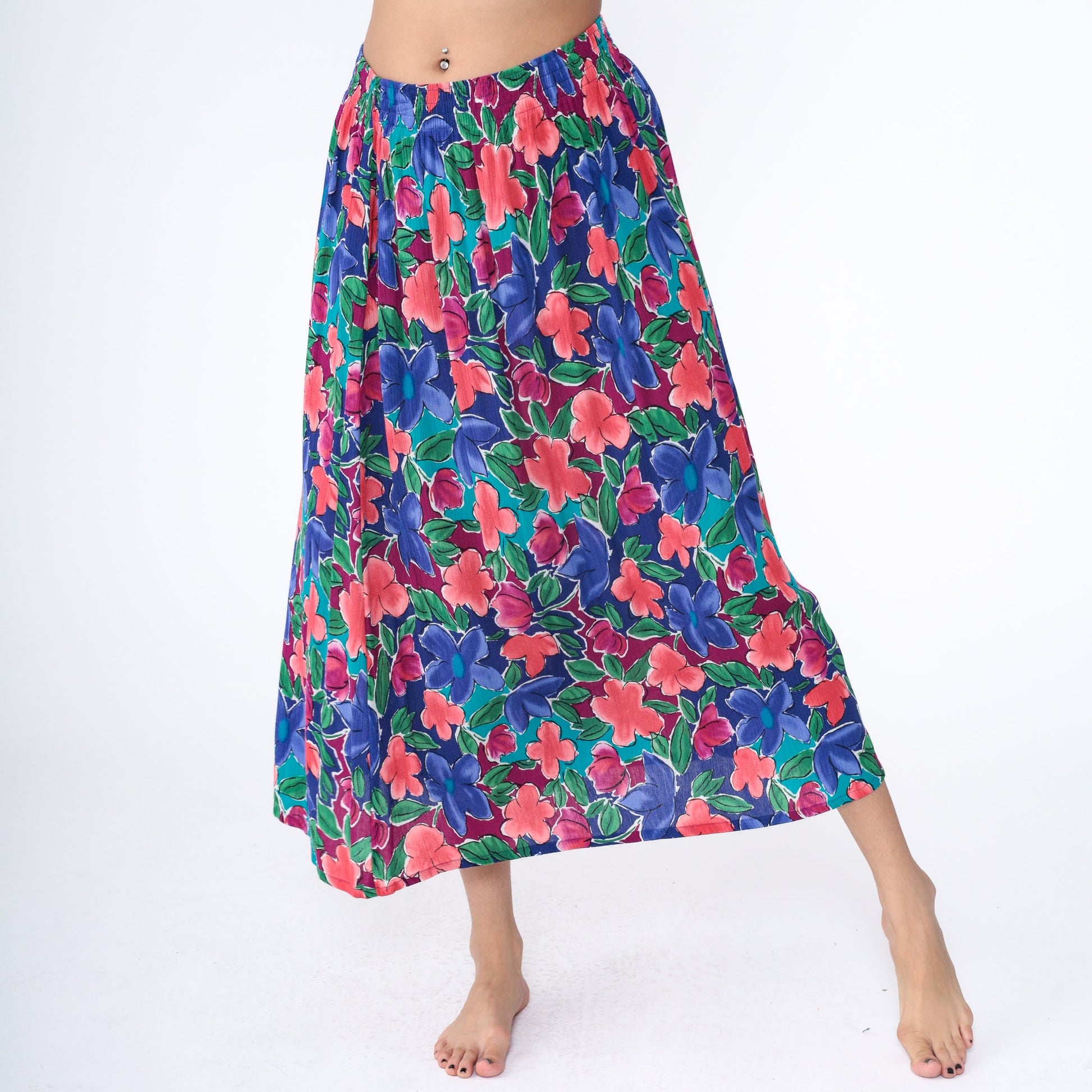 80s The Villager Floral Maxi Skirt Rayon High Waist Ankle Length Blue Medium