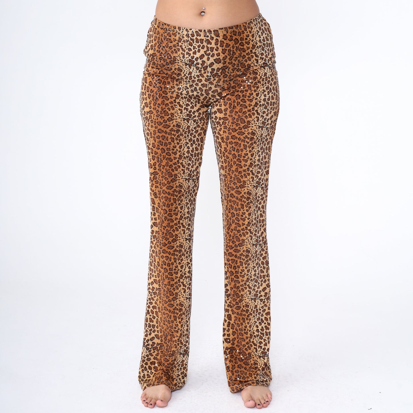 00s Hot Kiss Leopard Glitter Flared Pants Low Rise Y2K Large