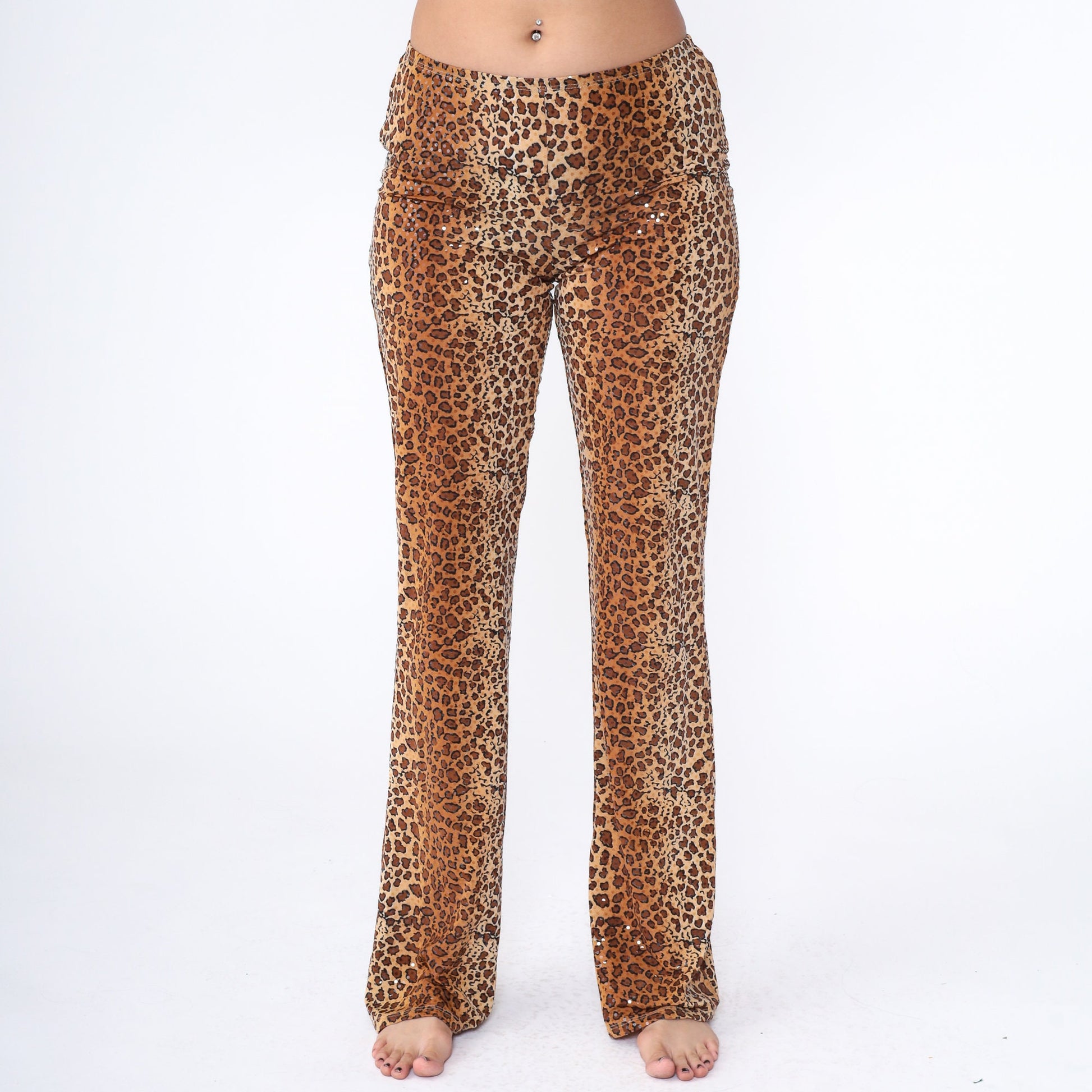 00s Hot Kiss Leopard Glitter Flared Pants Low Rise Y2K Large
