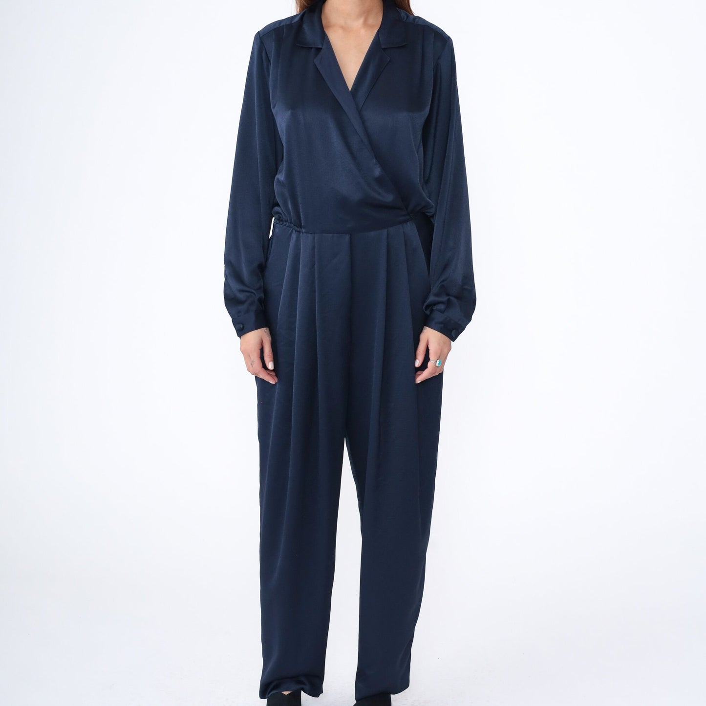 90s Liz Claiborne Navy Wrap Jumpsuit V Neck Tapered Wide Leg Medium