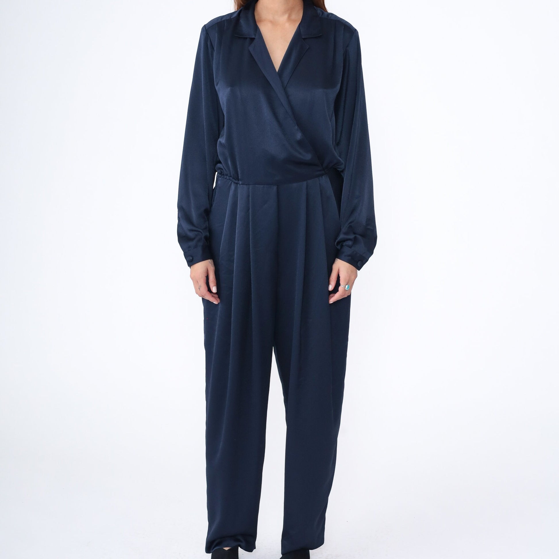 90s Liz Claiborne Navy Wrap Jumpsuit V Neck Tapered Wide Leg Medium