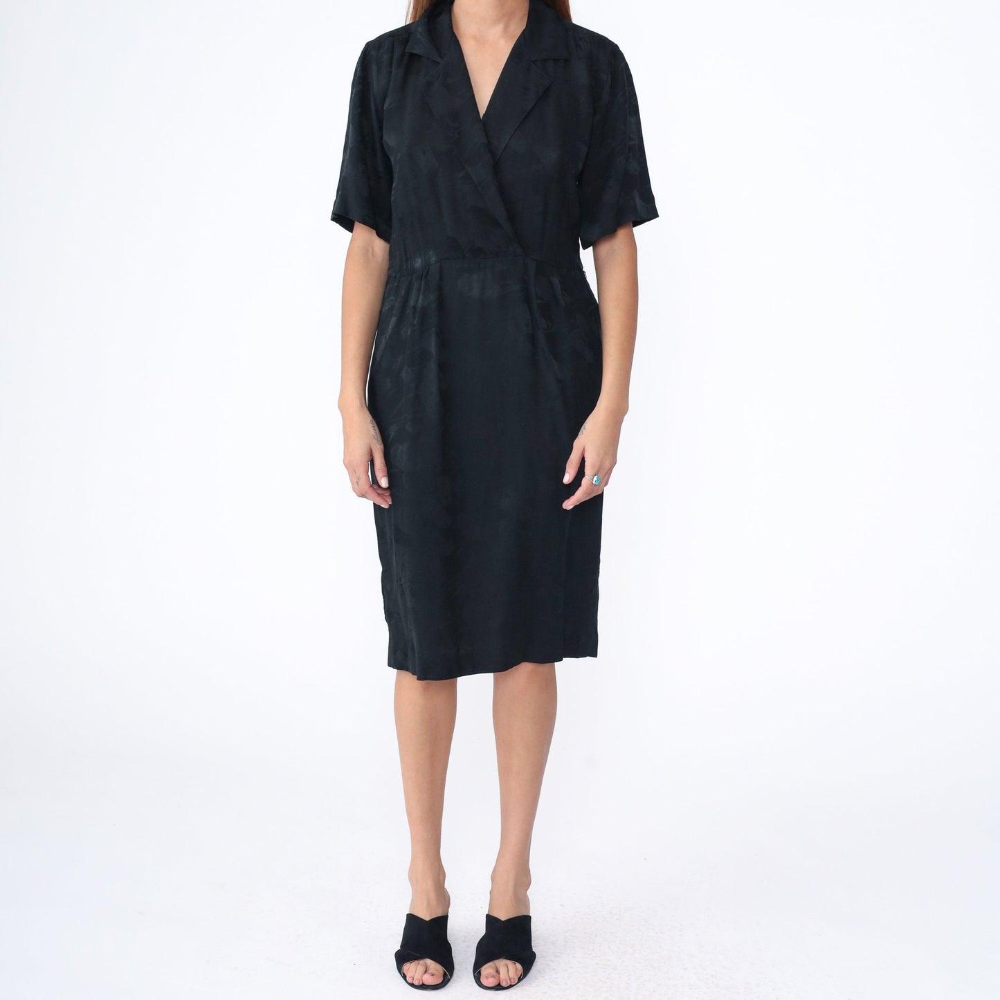 90s Black Silk Wrap Dress V-Neck High Waist Midi Short Sleeve Medium 8