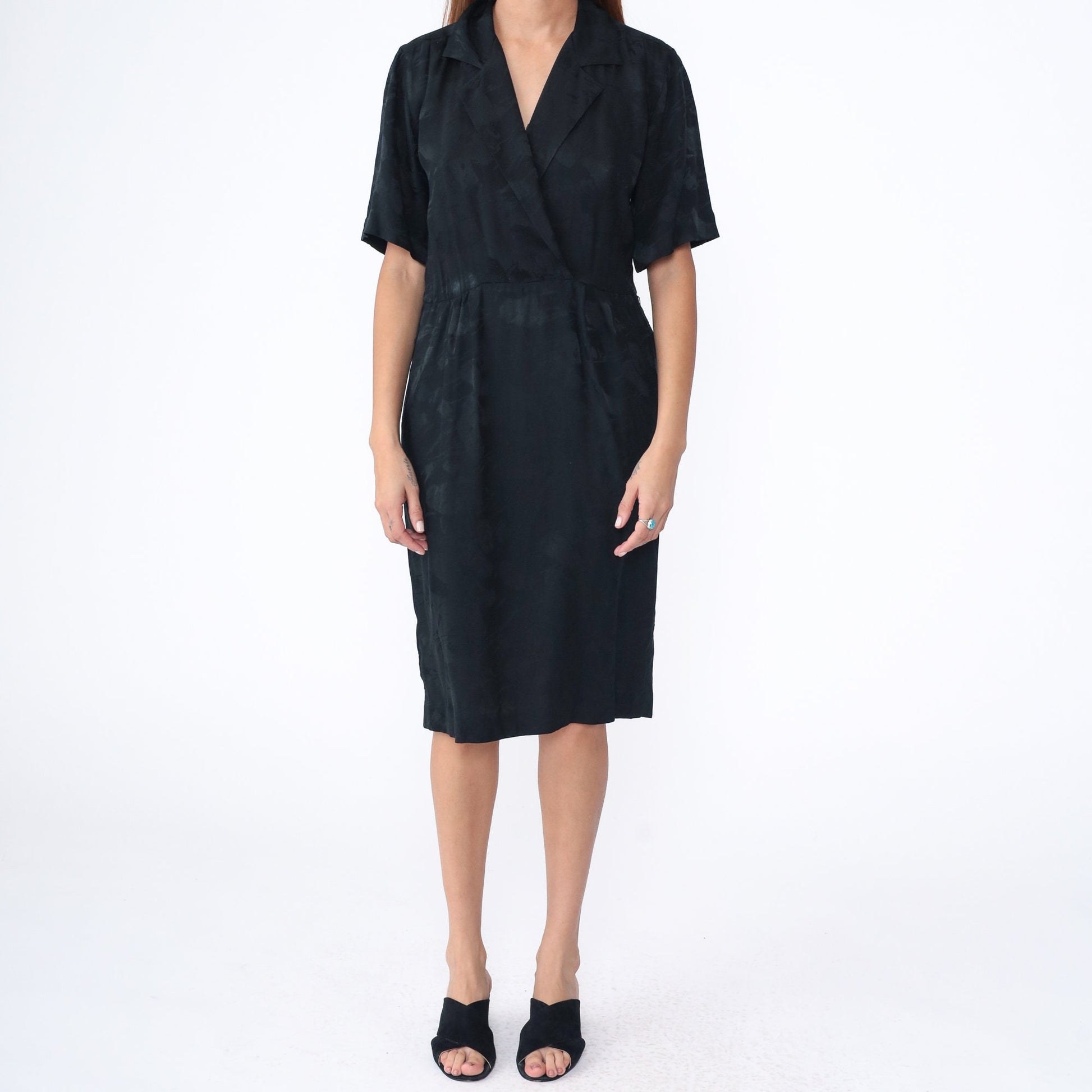 90s Black Silk Wrap Dress V-Neck High Waist Midi Short Sleeve Medium 8