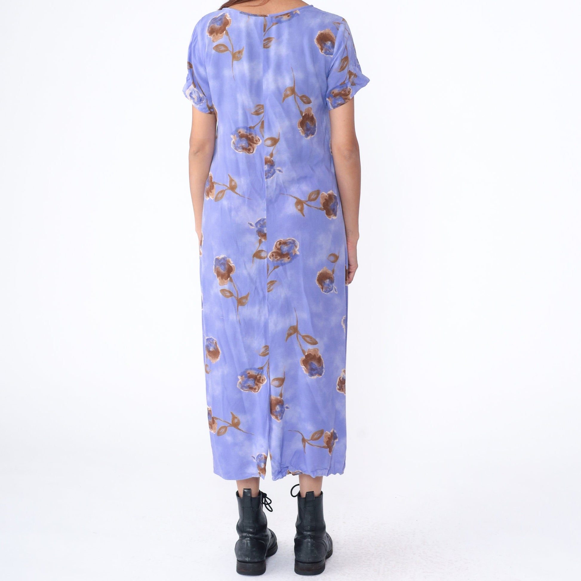 90s Floral Midi Shift Dress Purple Rayon Short Sleeve Scoop Neck Small