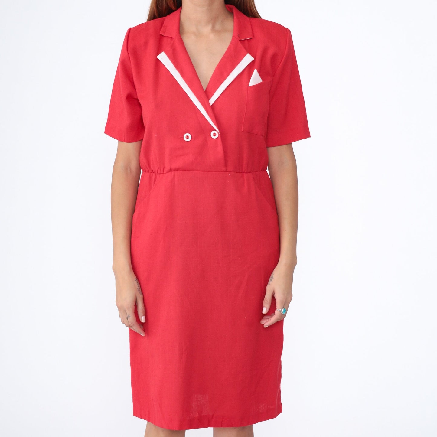 80s Red Wrap Midi Dress White Trim Collared Shirtwaist Medium