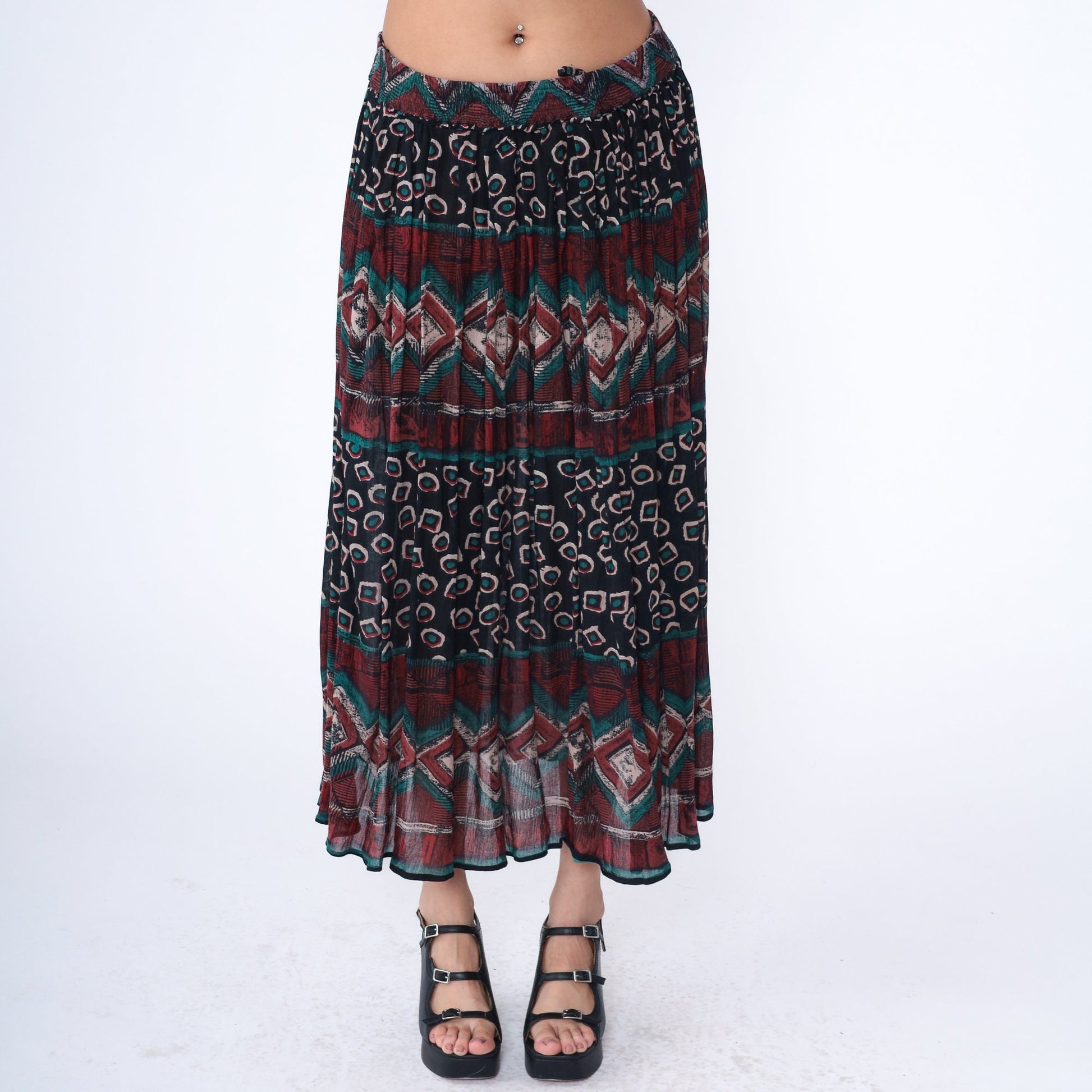90s Geometric Broomstick Maxi Skirt Striped Red Black Green Medium Large