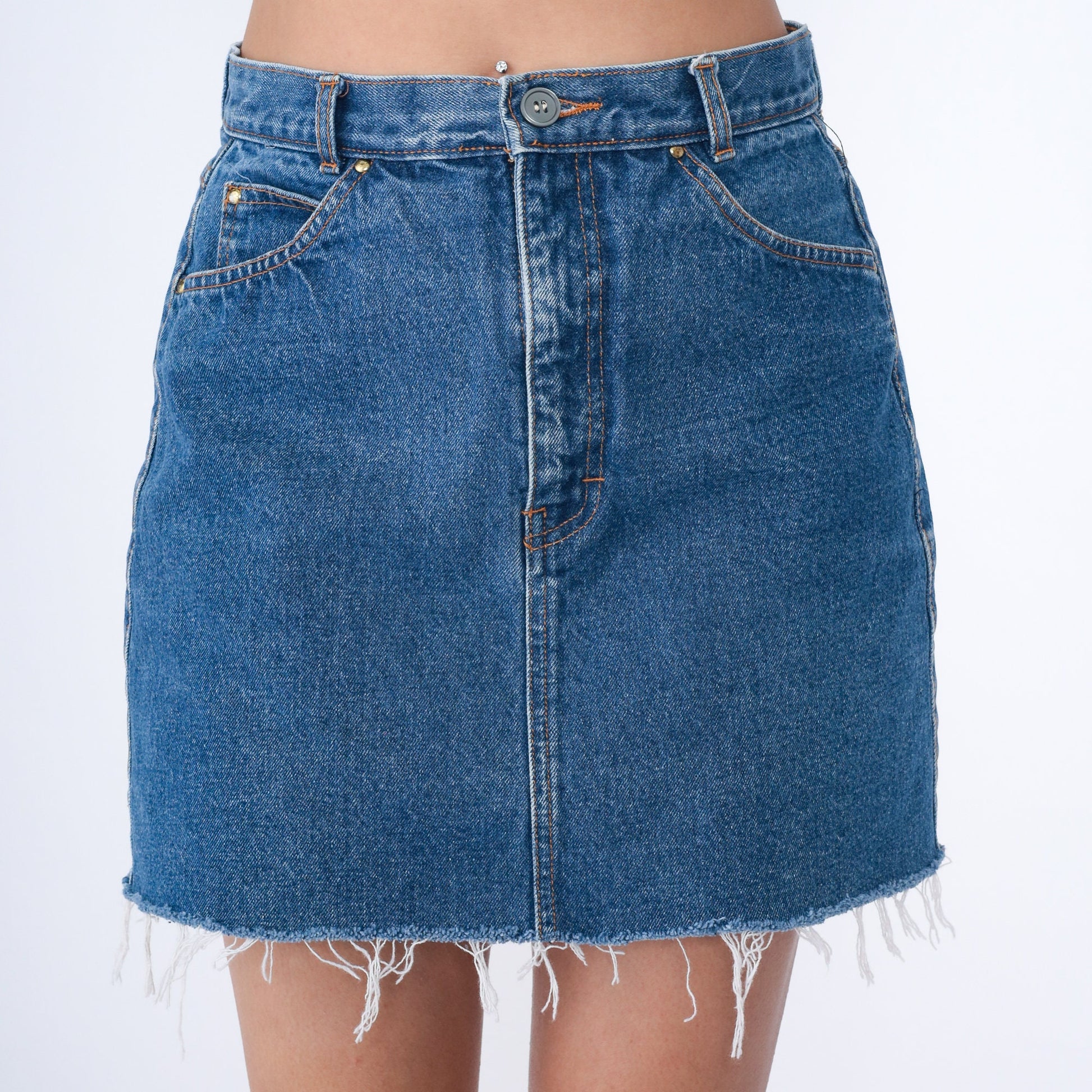 90s Brittania Denim Mini Skirt High Waist Cutoff Blue Medium