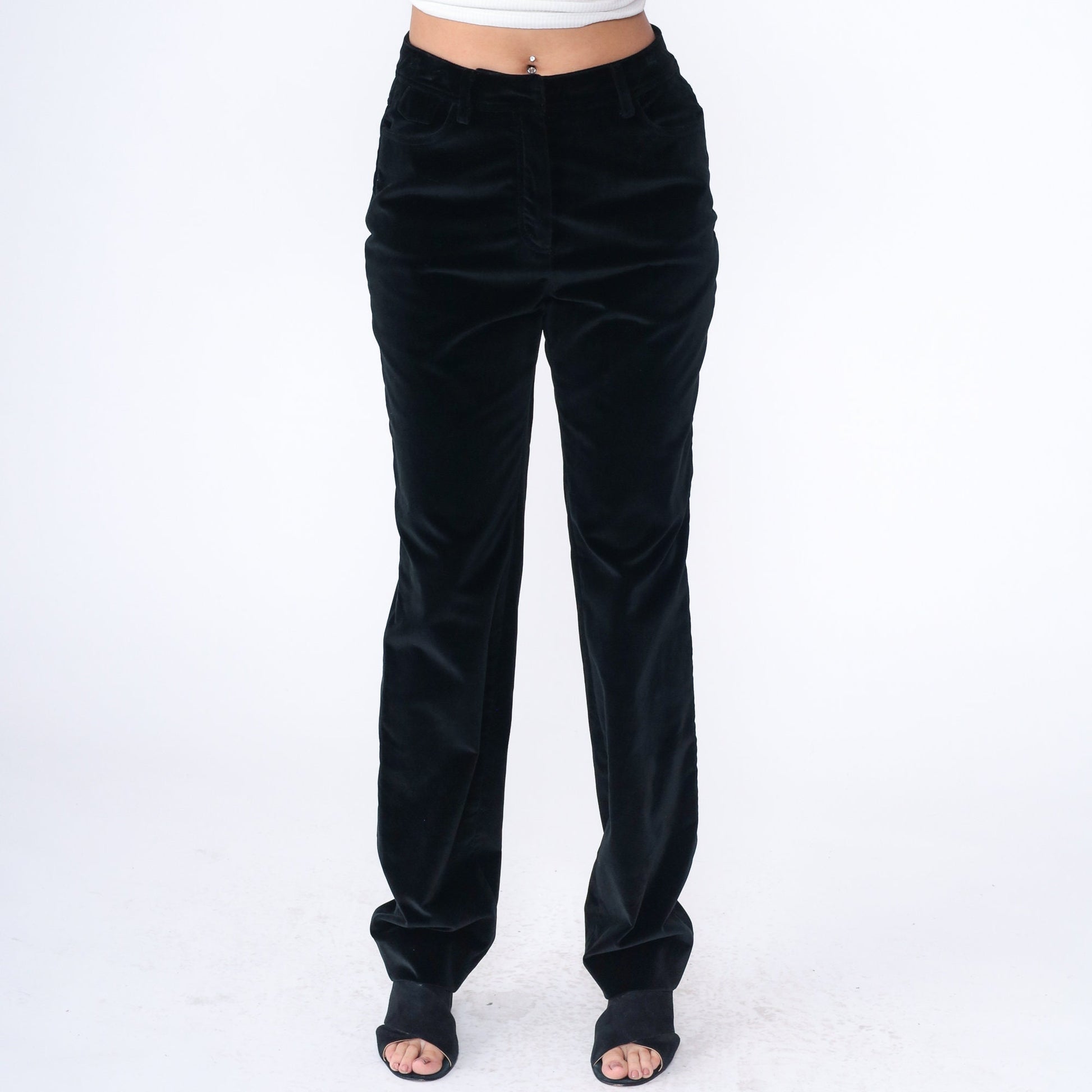 90s Per Se Black Velvet High-Waist Straight-Leg Trousers Medium 8