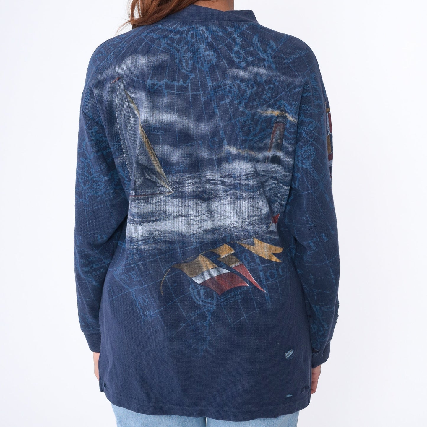 90s Apostle Islands Lake Superior Sailboat Lighthouse Henley Long Sleeve Navy Large