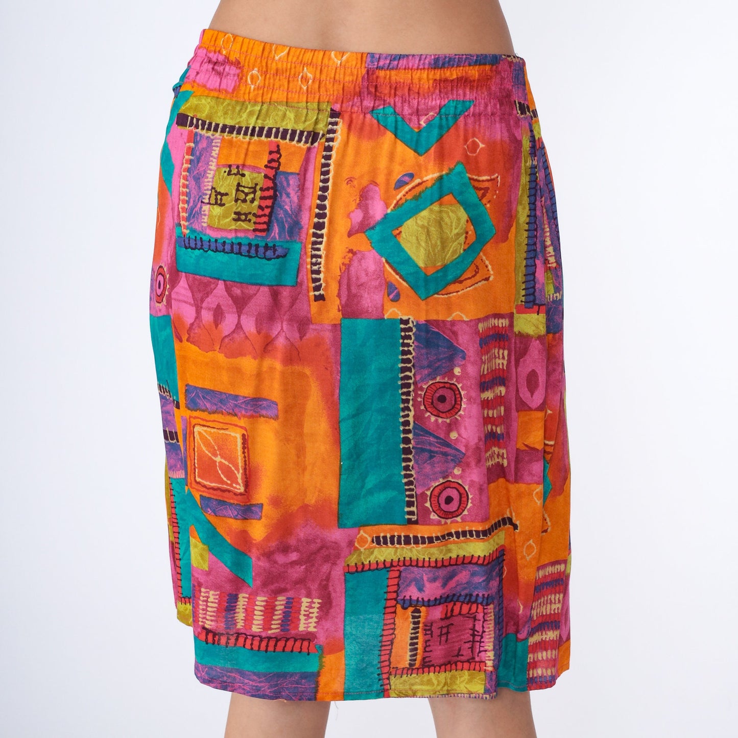 90s Geometric Wrap Skirt Midi Rayon Colorful Print Large 14