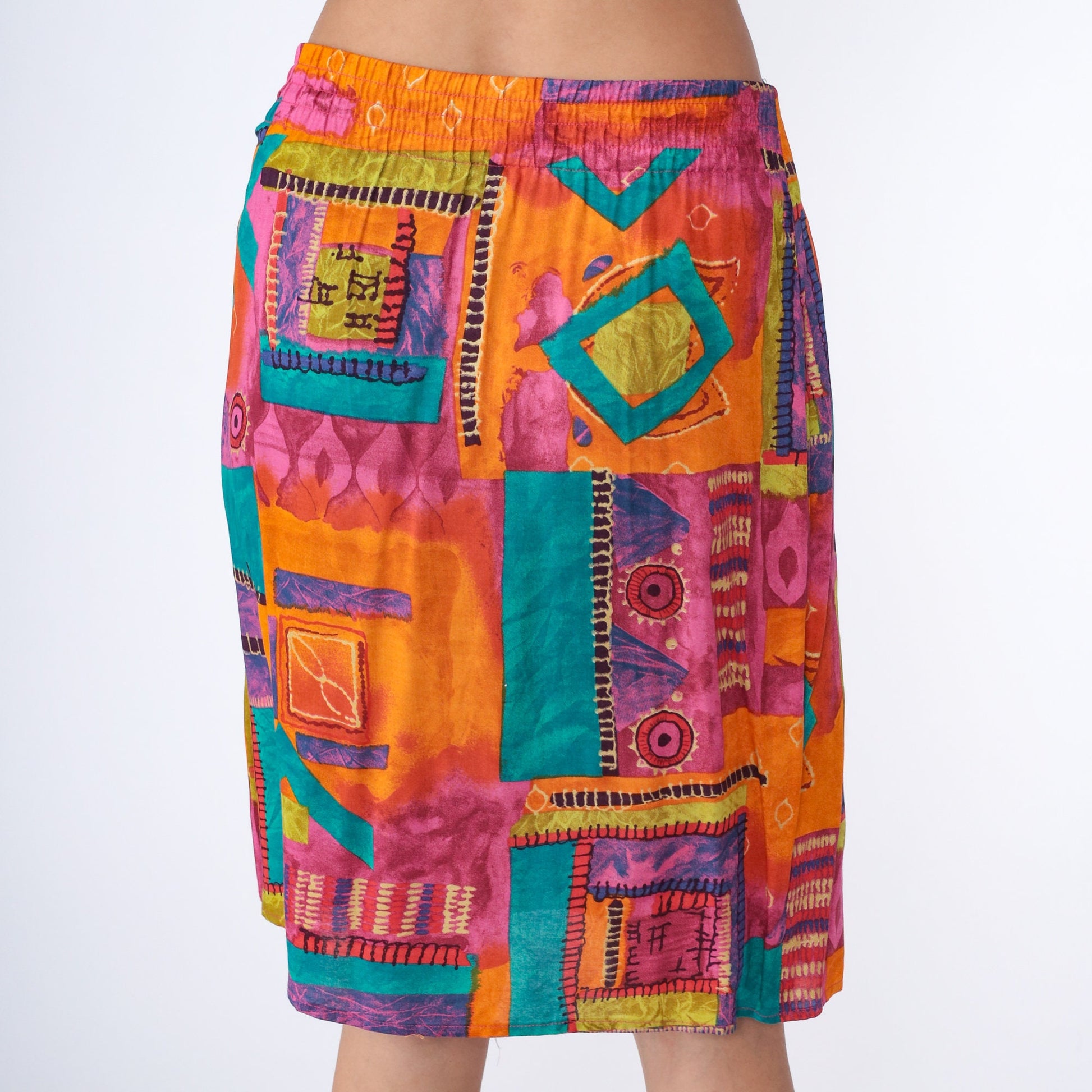 90s Geometric Wrap Skirt Midi Rayon Colorful Print Large 14