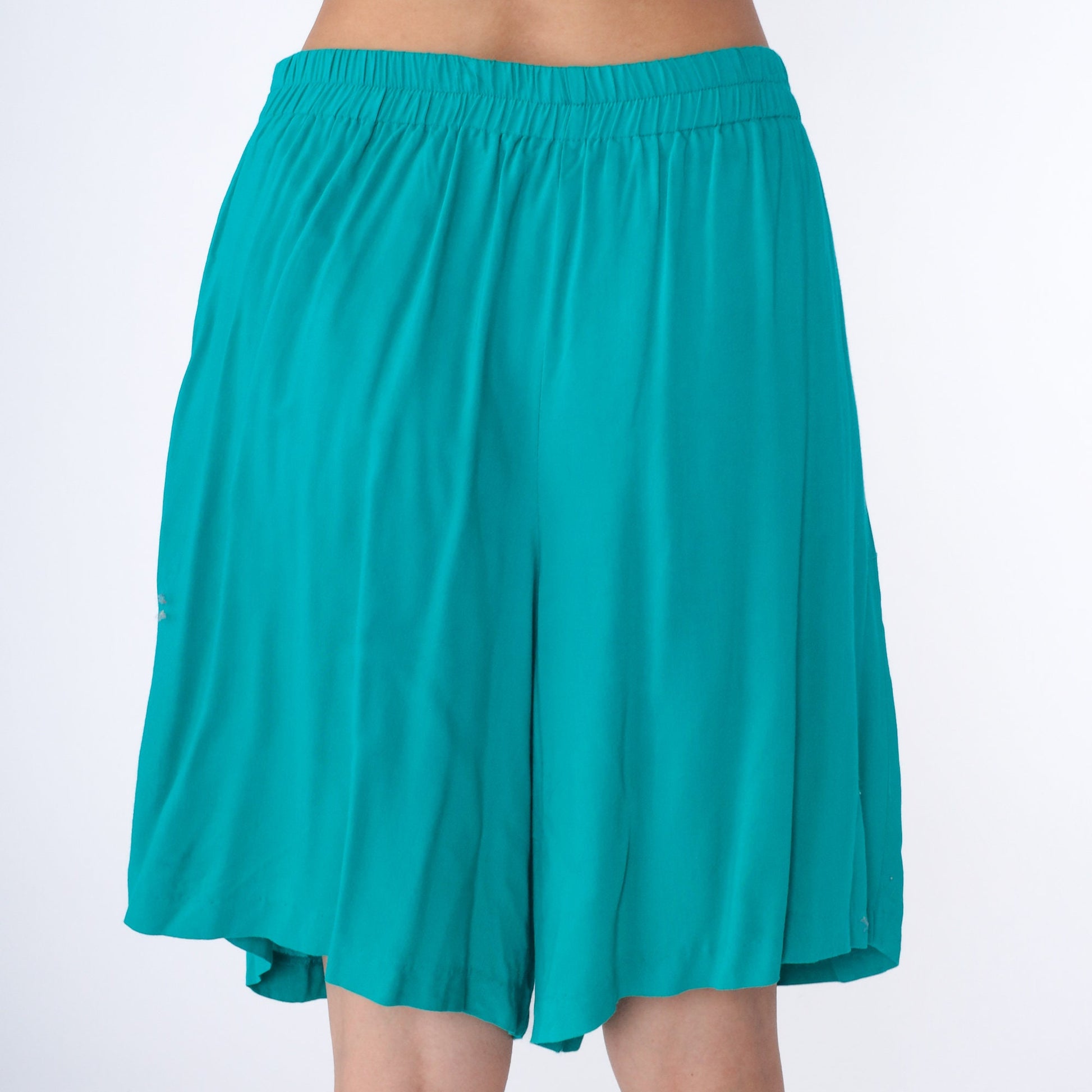 90s Teal Pleated Wide Leg Shorts High Waist Culotte Bermuda Large L