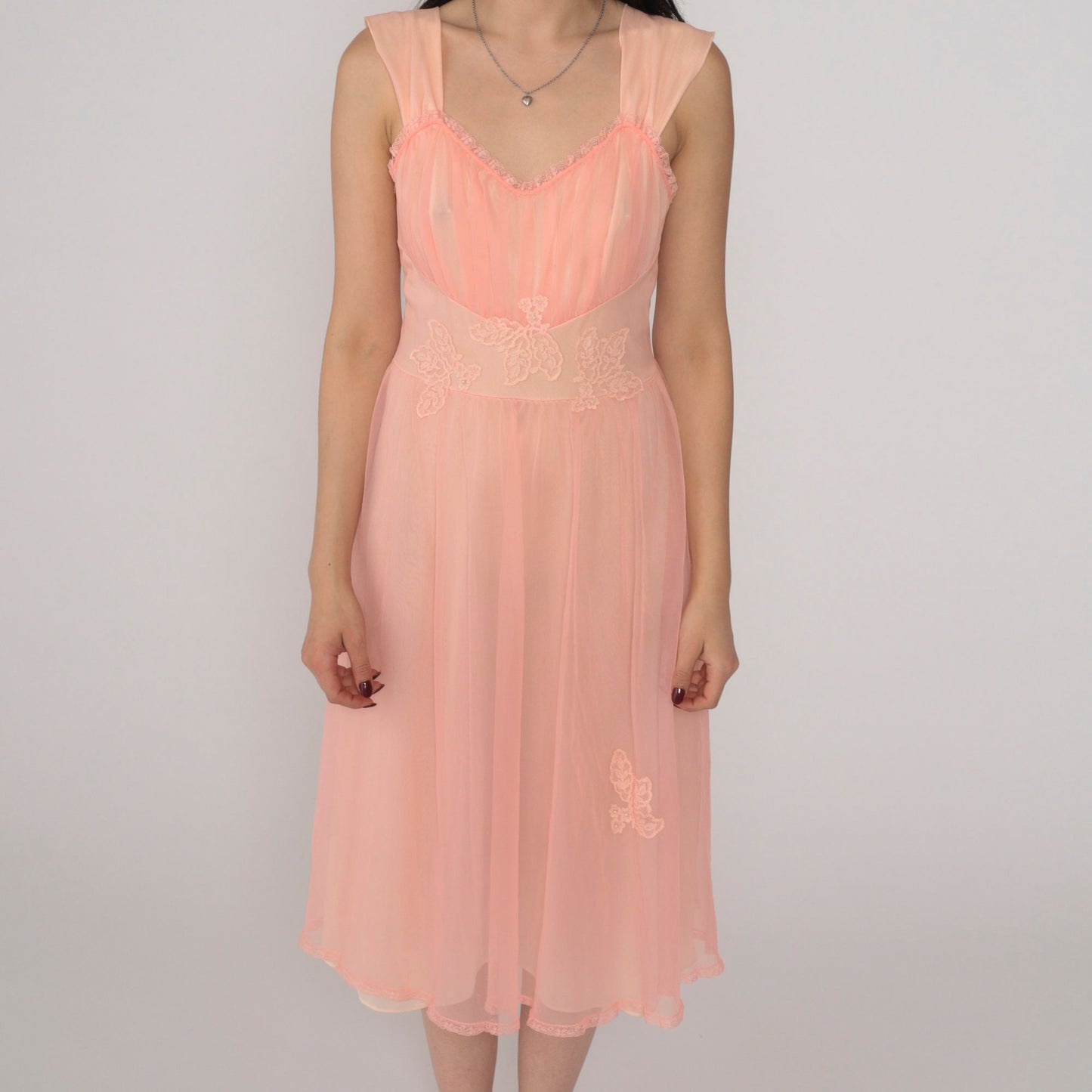 70s Gotham Gold Stripe Nightgown Pink Beaded Lace Applique Midi Small