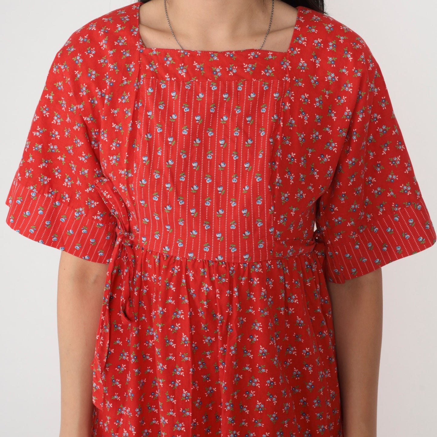 70s Lanz Original Red Floral Calico Midi Dress Empire Waist Tie Short Sleeve Extra Small