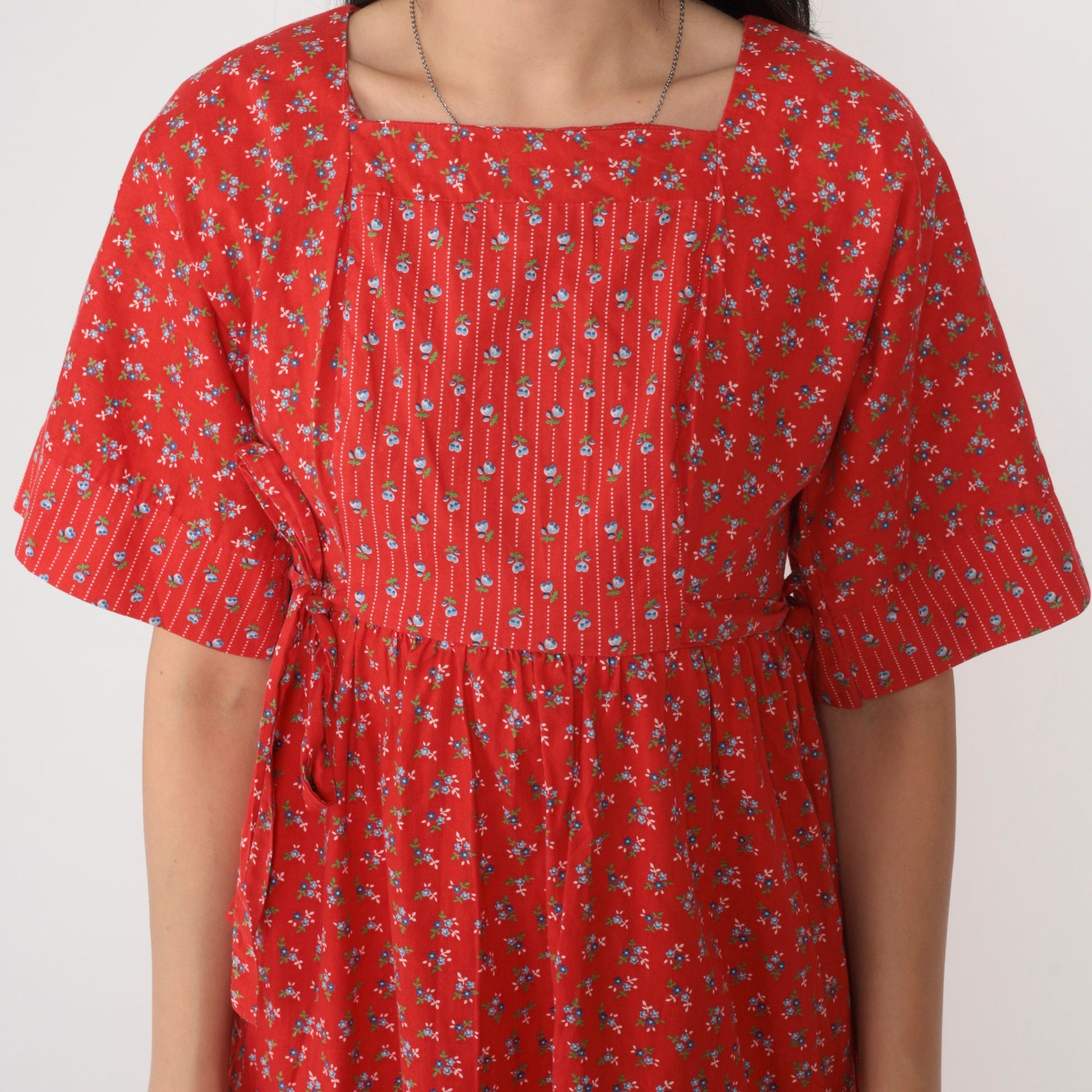 70s Lanz Original Red Floral Calico Midi Dress Empire Waist Tie Short Sleeve Extra Small