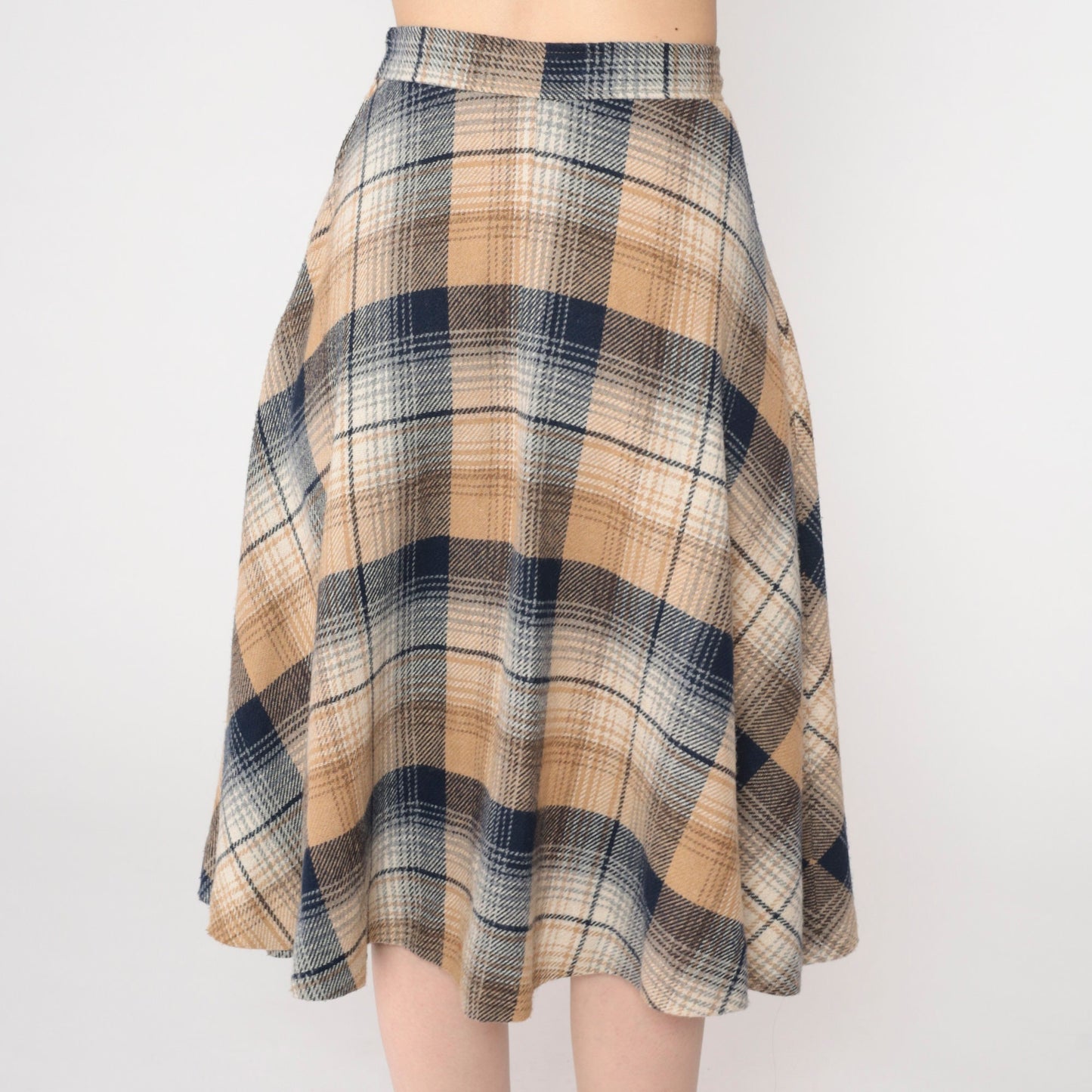 70s Plaid Midi Skirt High Waisted A-Line Tartan Navy Tan Extra Small
