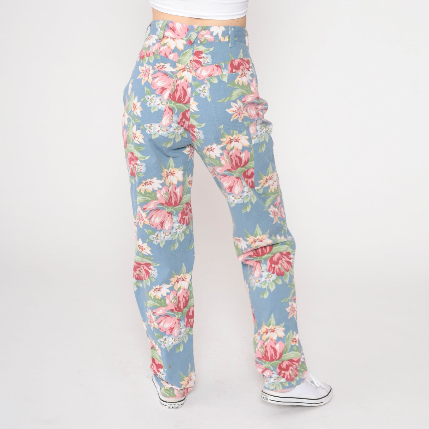 90s Blue Floral High-Waisted Straight Tapered Trousers Extra Small