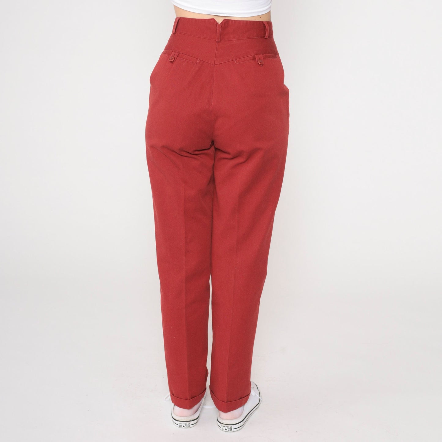 80s Red Pleated High-Waisted Tapered Trousers Extra Small XS