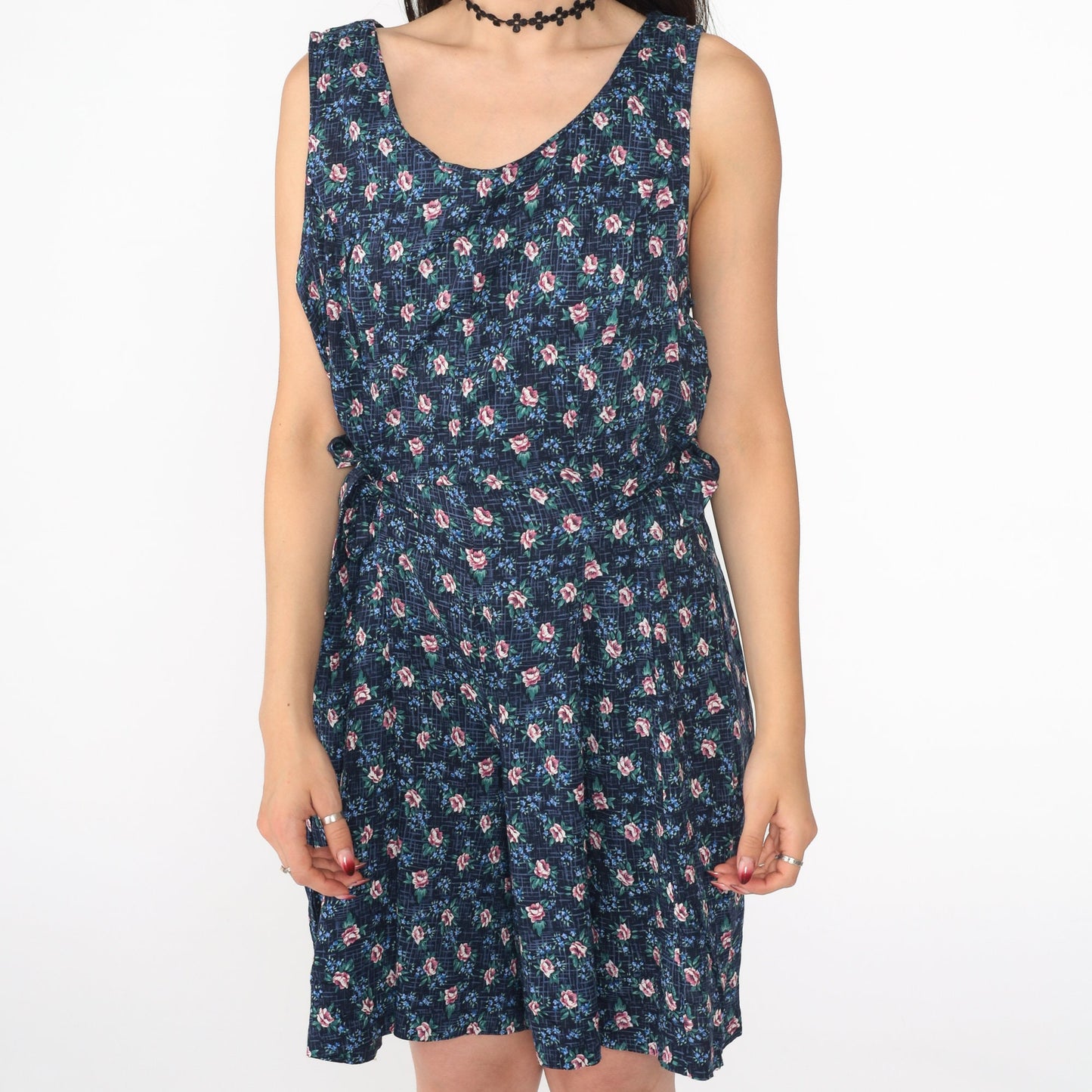 90s Navy Floral Rayon Mini Dress Sleeveless Side Tie Scoop Neck Large 12