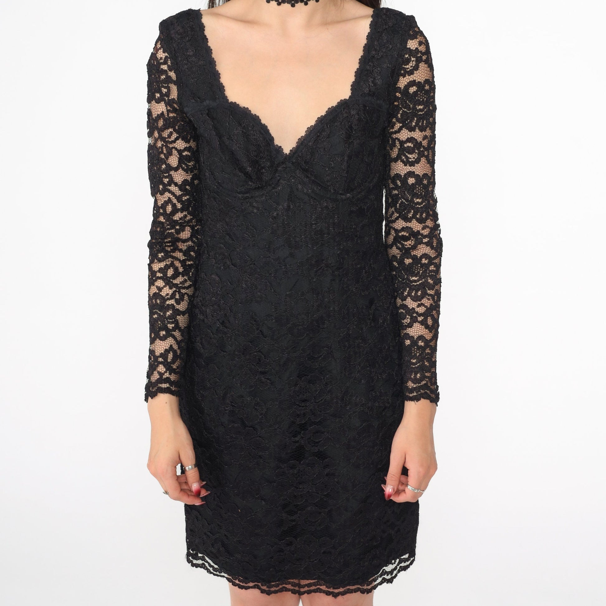 90s Black Lace Mini Dress Long Sleeve Scoop Back Bodycon Small 6