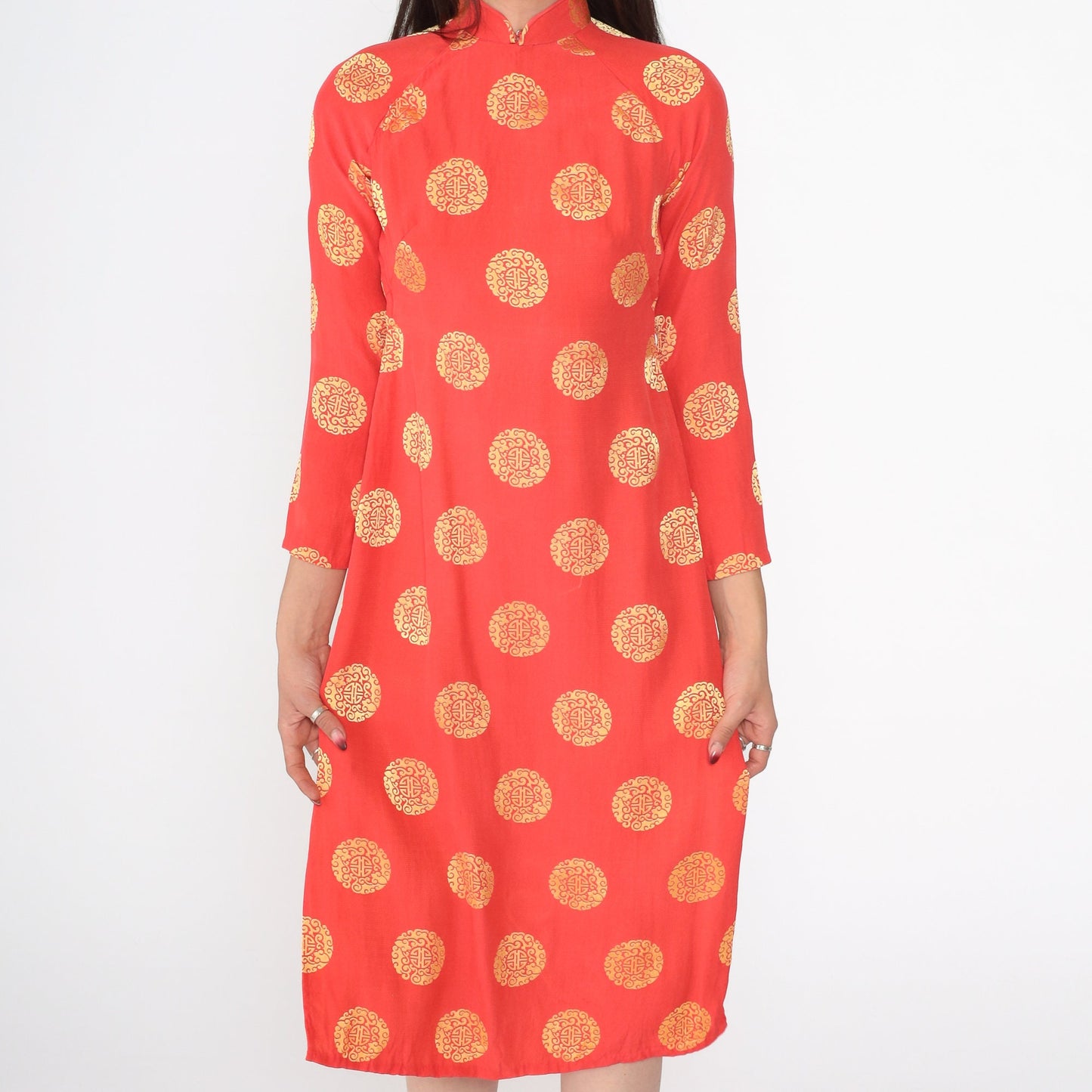 Y2K Ao Dai Dress Red Gold Medallion Print Mandarin Collar Midi Extra Small
