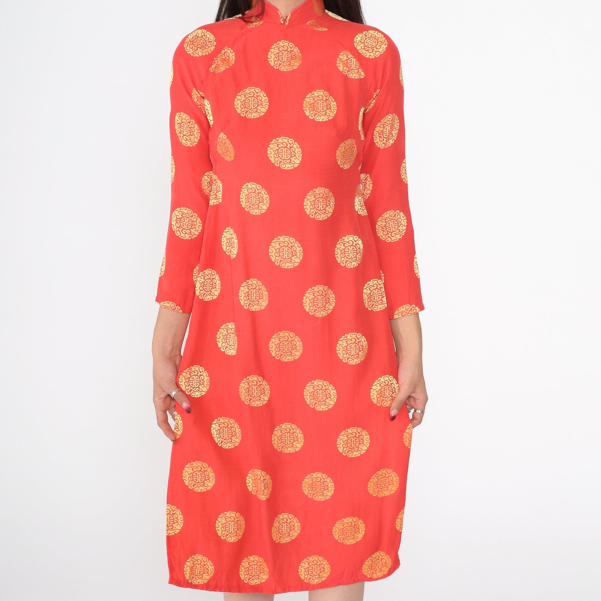 Y2K Ao Dai Dress Red Gold Medallion Print Mandarin Collar Midi Extra Small