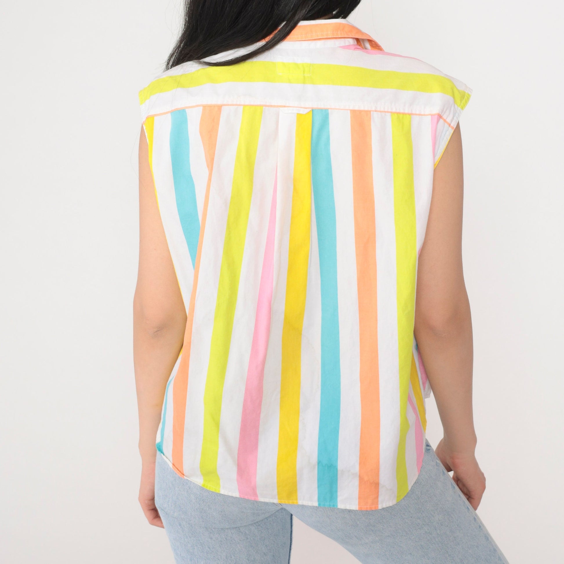 90s Esprit Sport Striped Tank Top Collared Sleeveless Blouse Small S