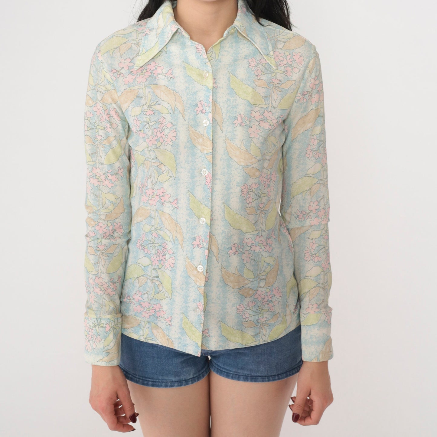 70s Floral Print Dagger Collar Blouse Long Sleeve Button Up Blue White Small