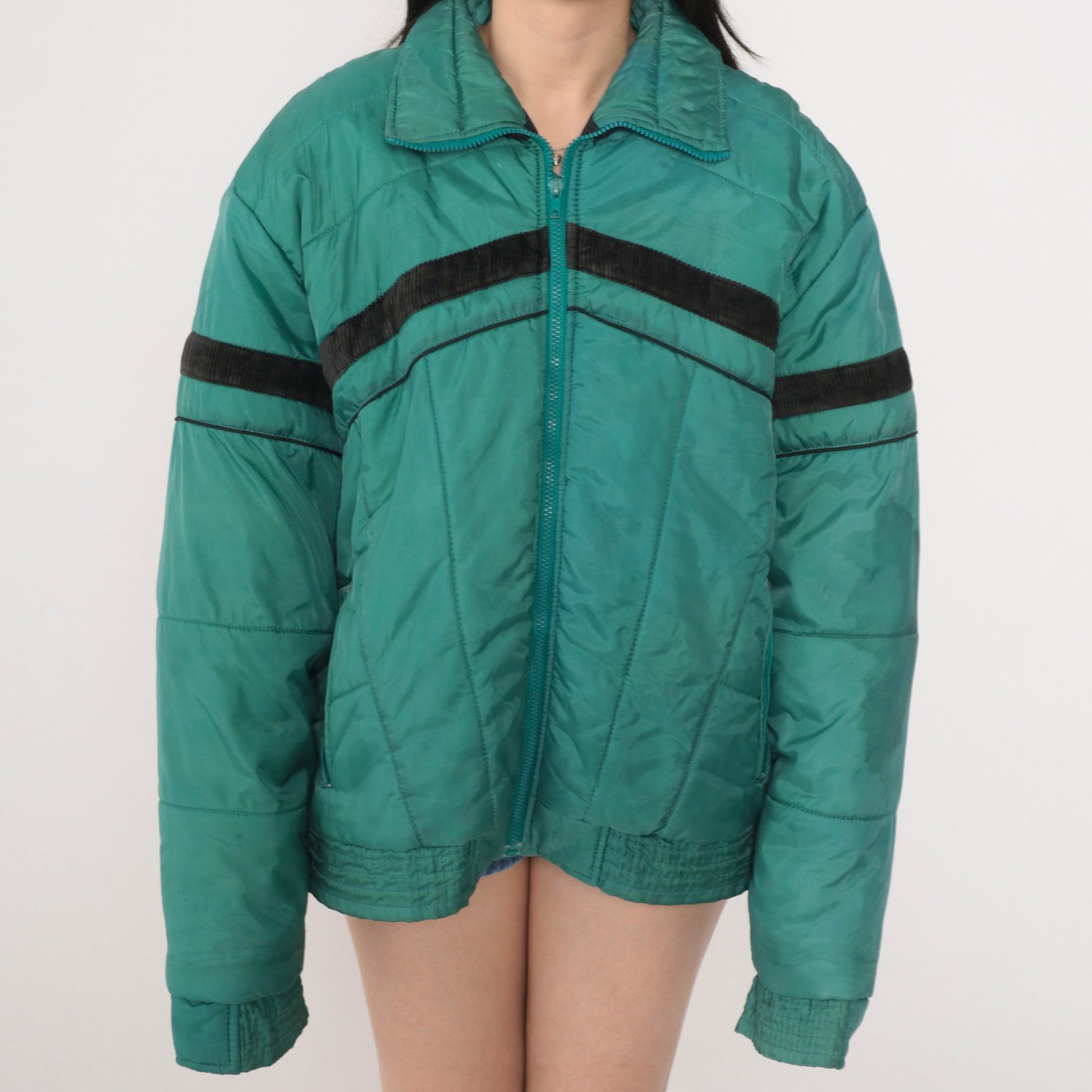70s Green Puffer Ski Jacket Black Stripe Zip Nylon Insulated Large