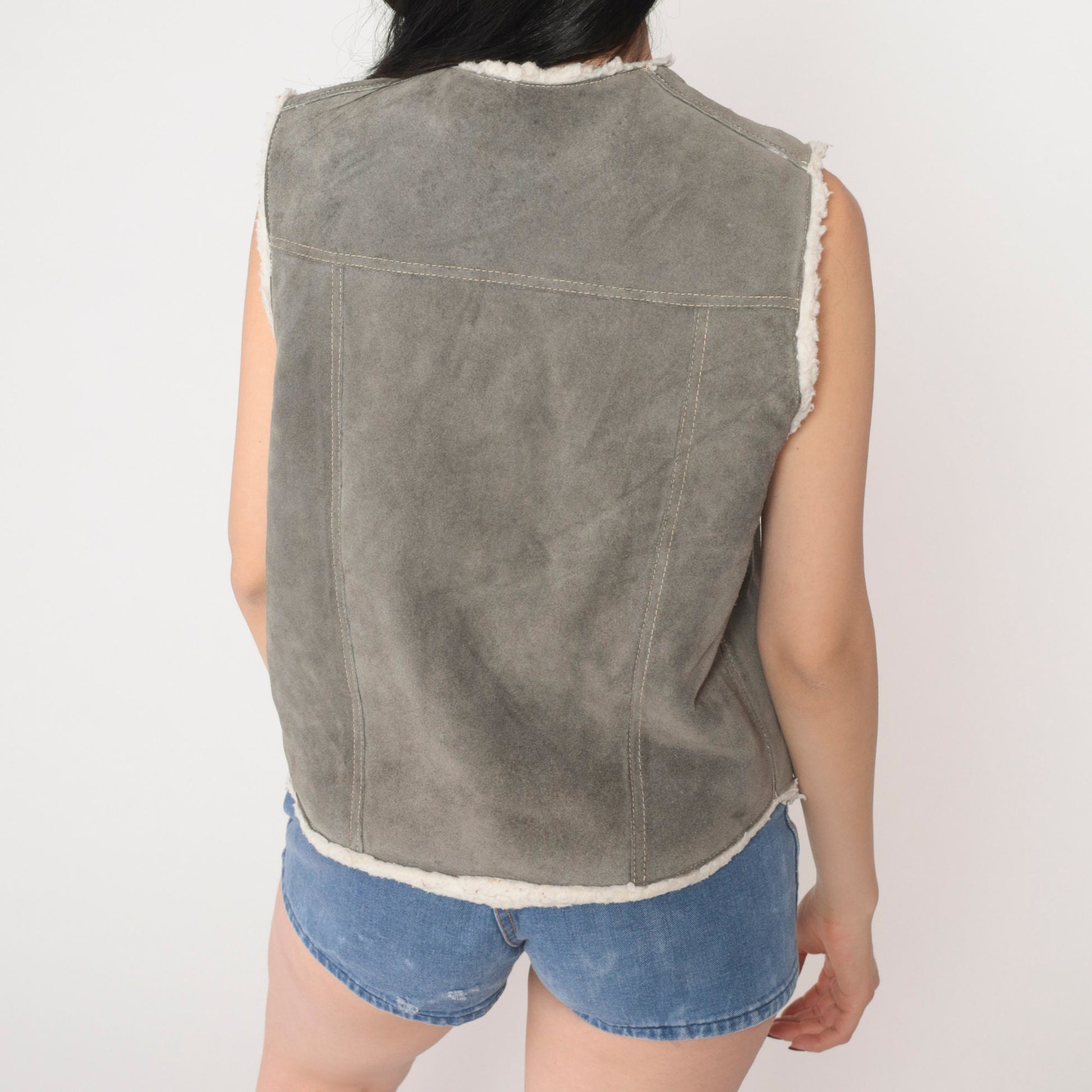 80s Grey Suede Vest Faux Shearling Lined Snap Front Sleeveless Medium