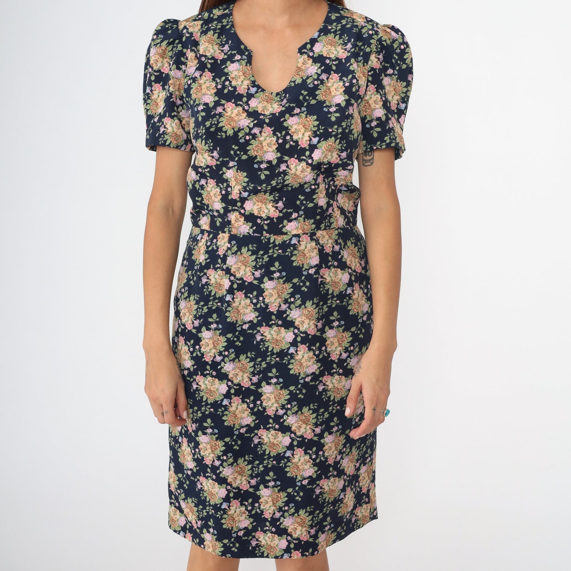 80s Navy Floral Puff Sleeve Dress U-Neck Sheath Midi Medium 8