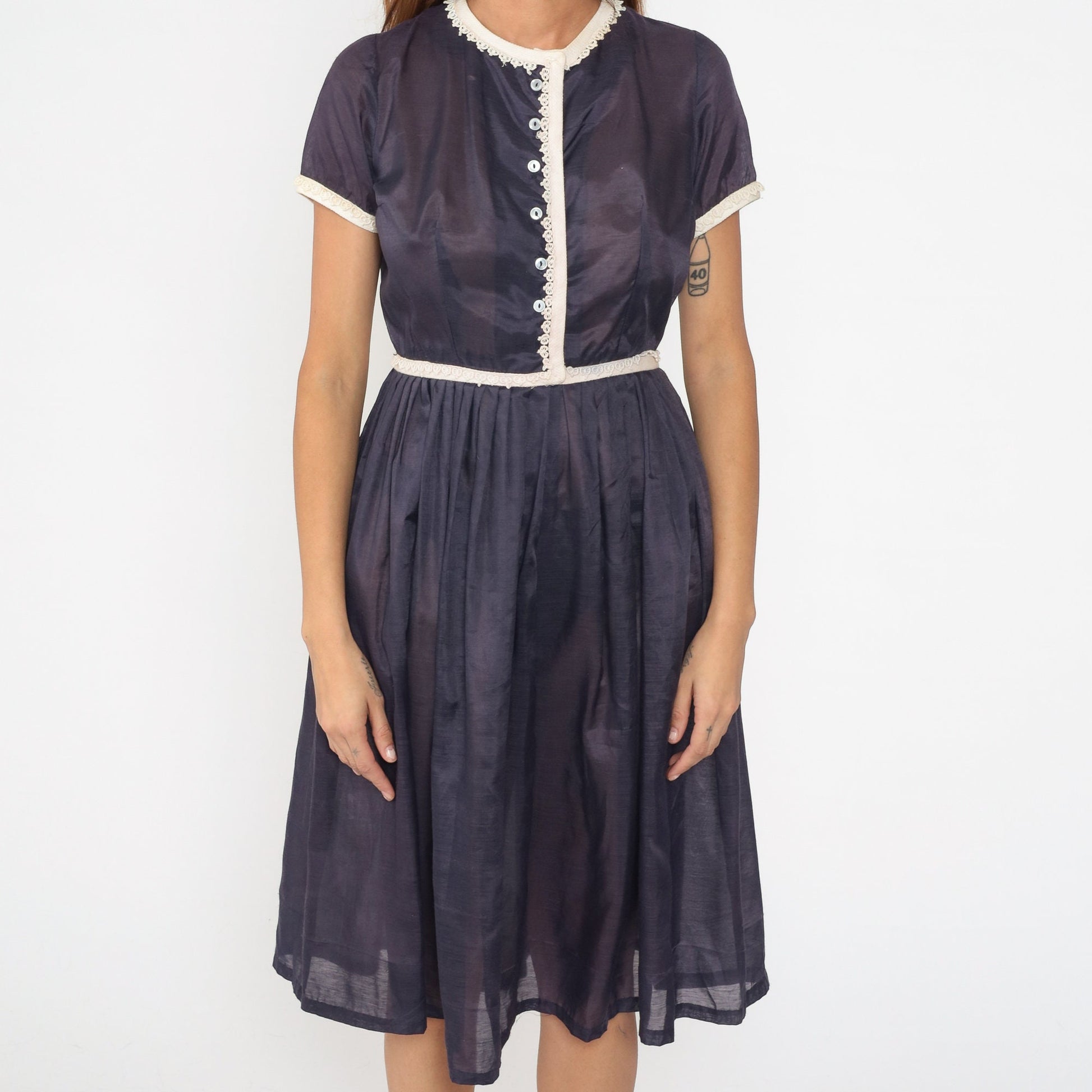 1950s Navy Sheer Button-Up Shirtdress Lace Trim Pleated Skirt Tea Length Small S