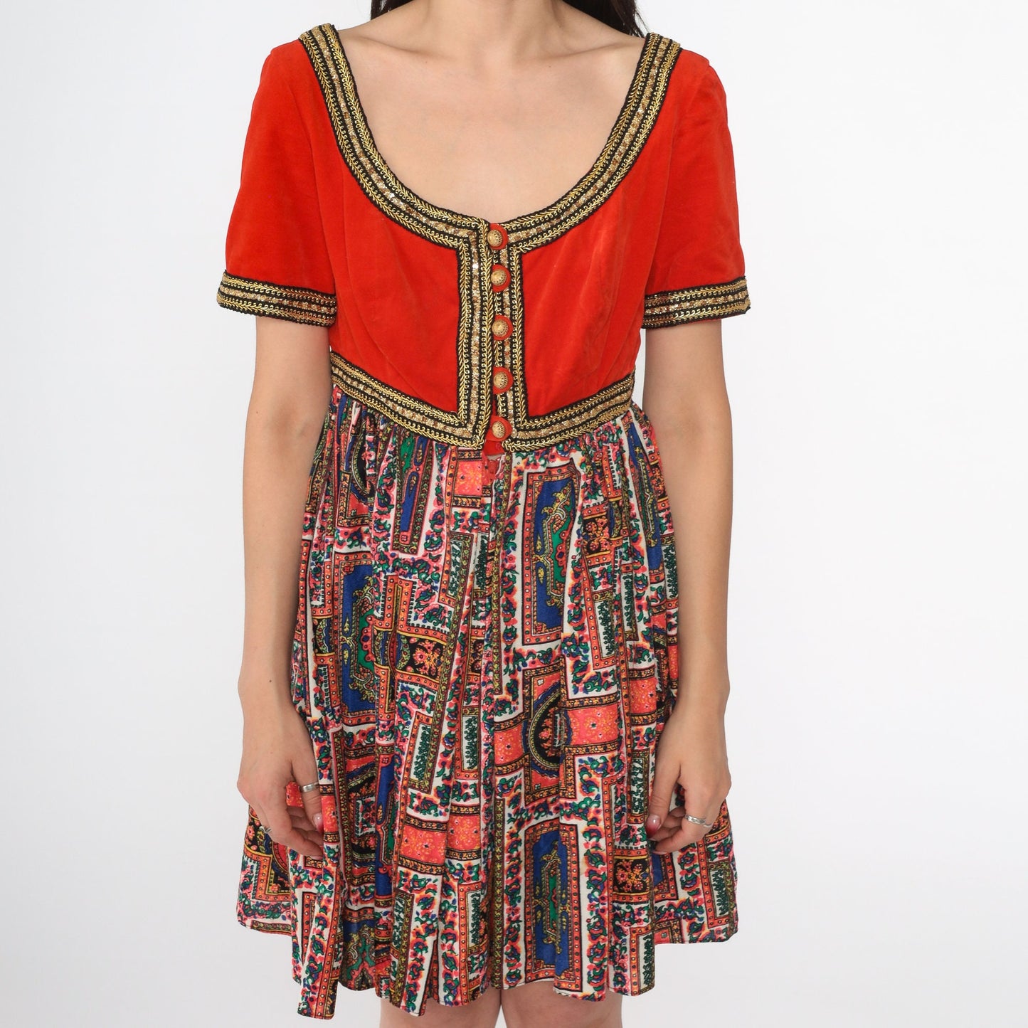 60s Velvet Mini Dress Orange Gold Trim Psychedelic Medallion Empire Waist Small