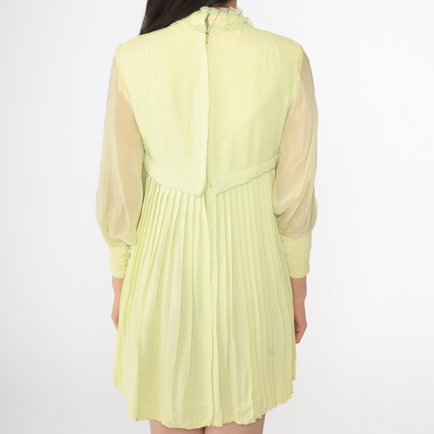 60s Lime Green Mini Dress Empire Waist Pleated Chiffon Sleeve Extra Small