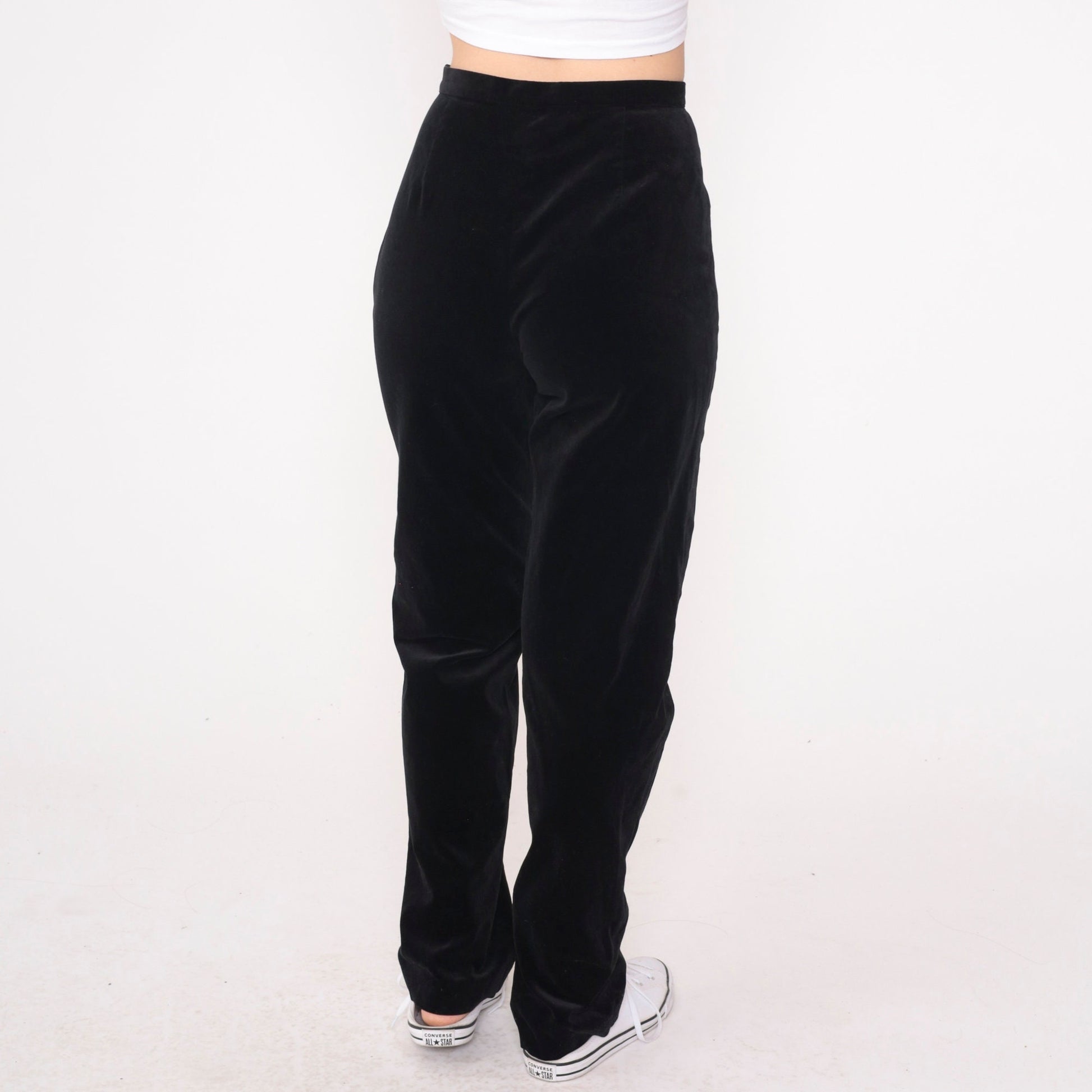 90s Black Velvet High-Waisted Trousers Straight Leg Small